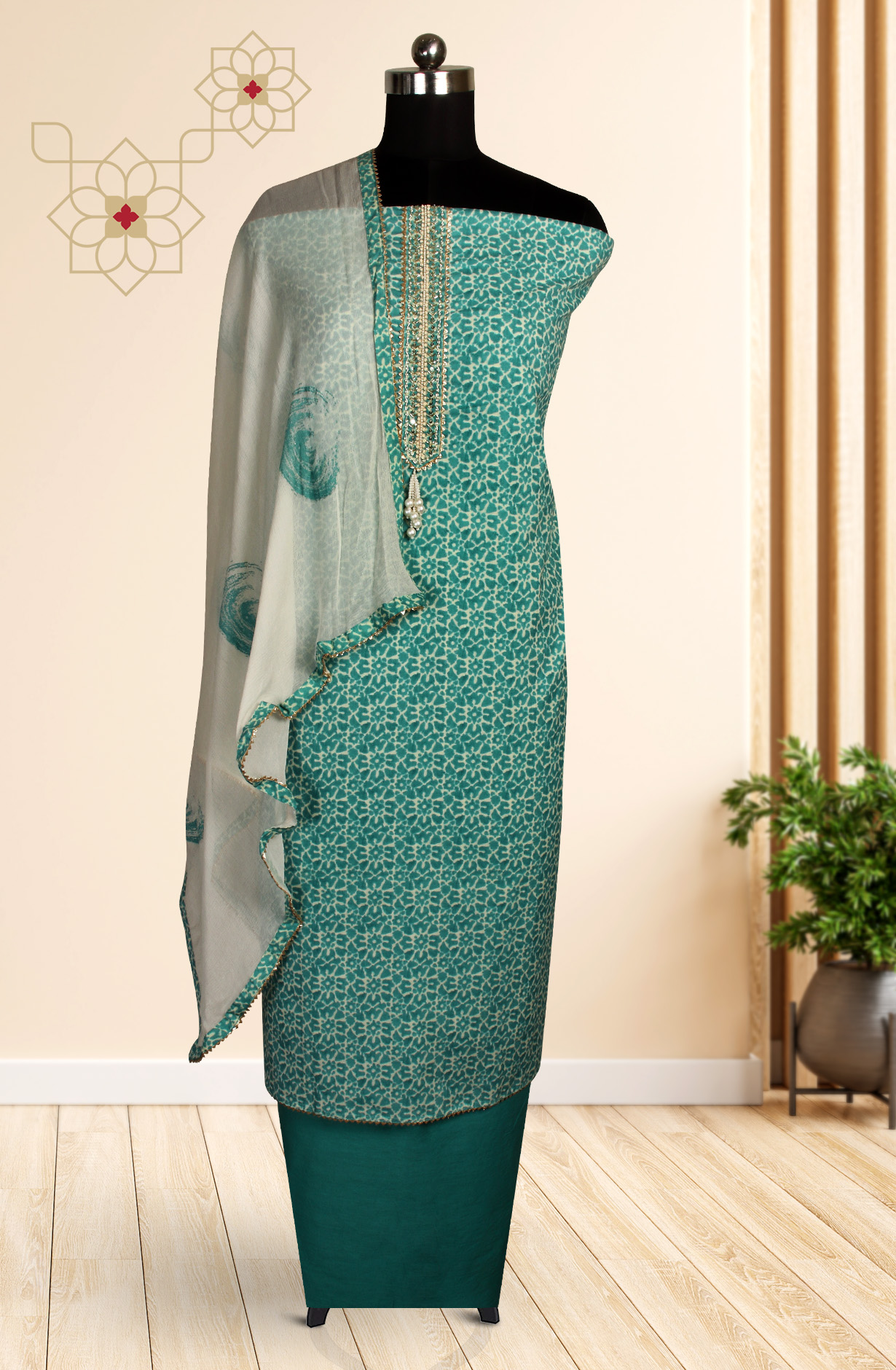 Green Cotton Printed Unstitched Salwar Kameez with Chiffon Dupatta - 912-LA06668A