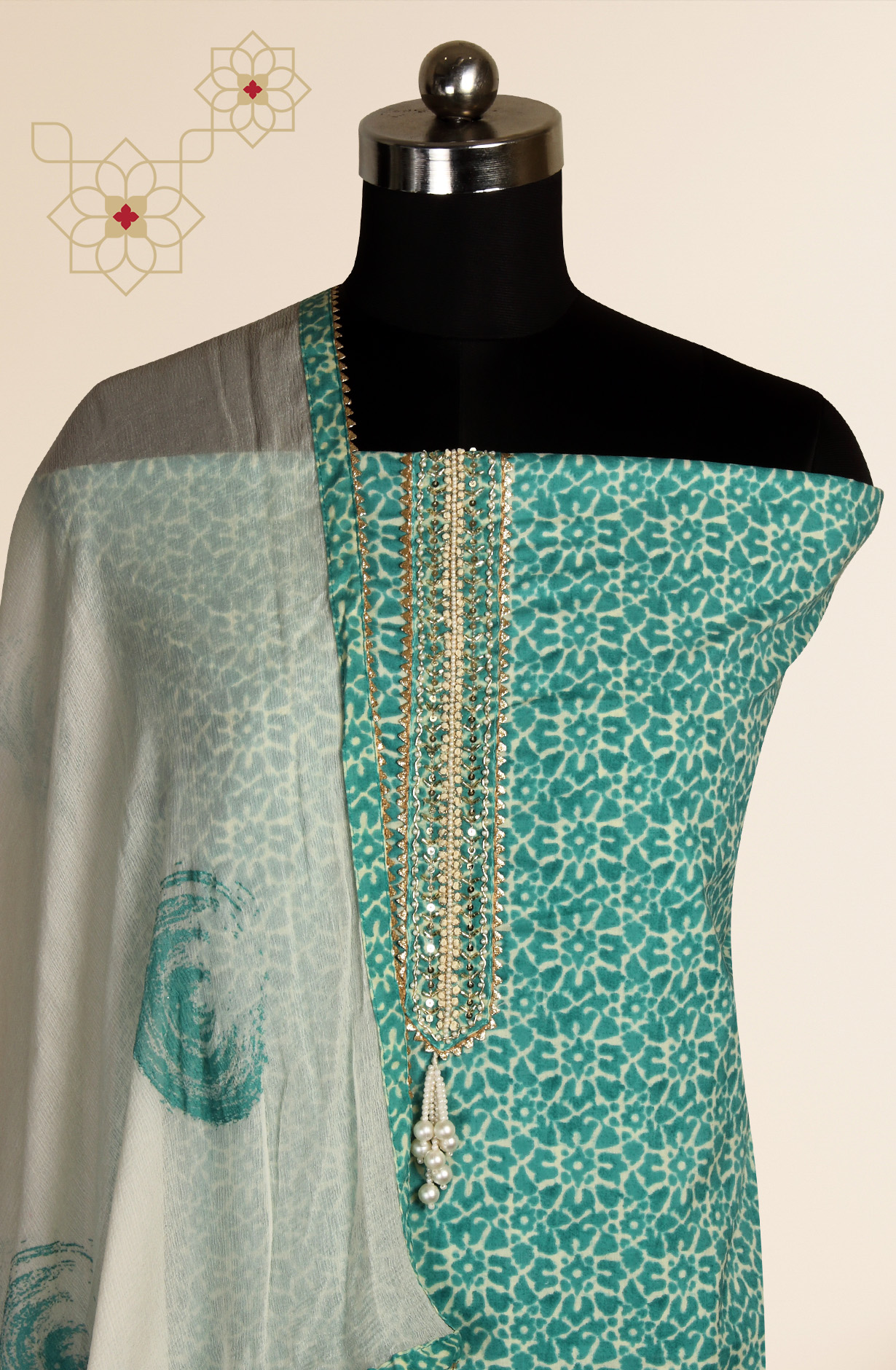 Green Cotton Printed Unstitched Salwar Kameez with Chiffon Dupatta - 912-LA06668A
