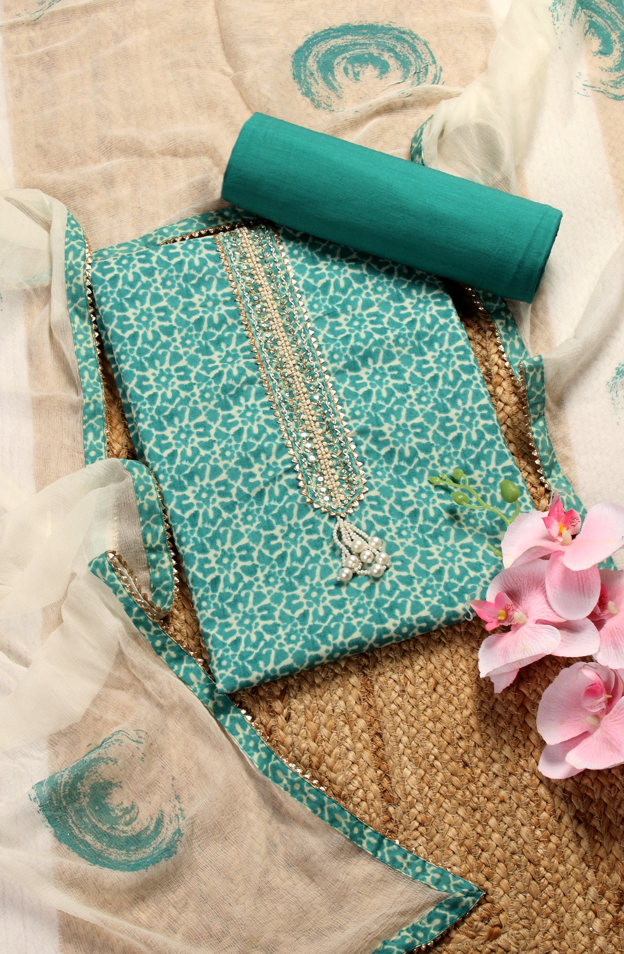 Green Cotton Printed Unstitched Salwar Kameez with Chiffon Dupatta - 912-LA06668A