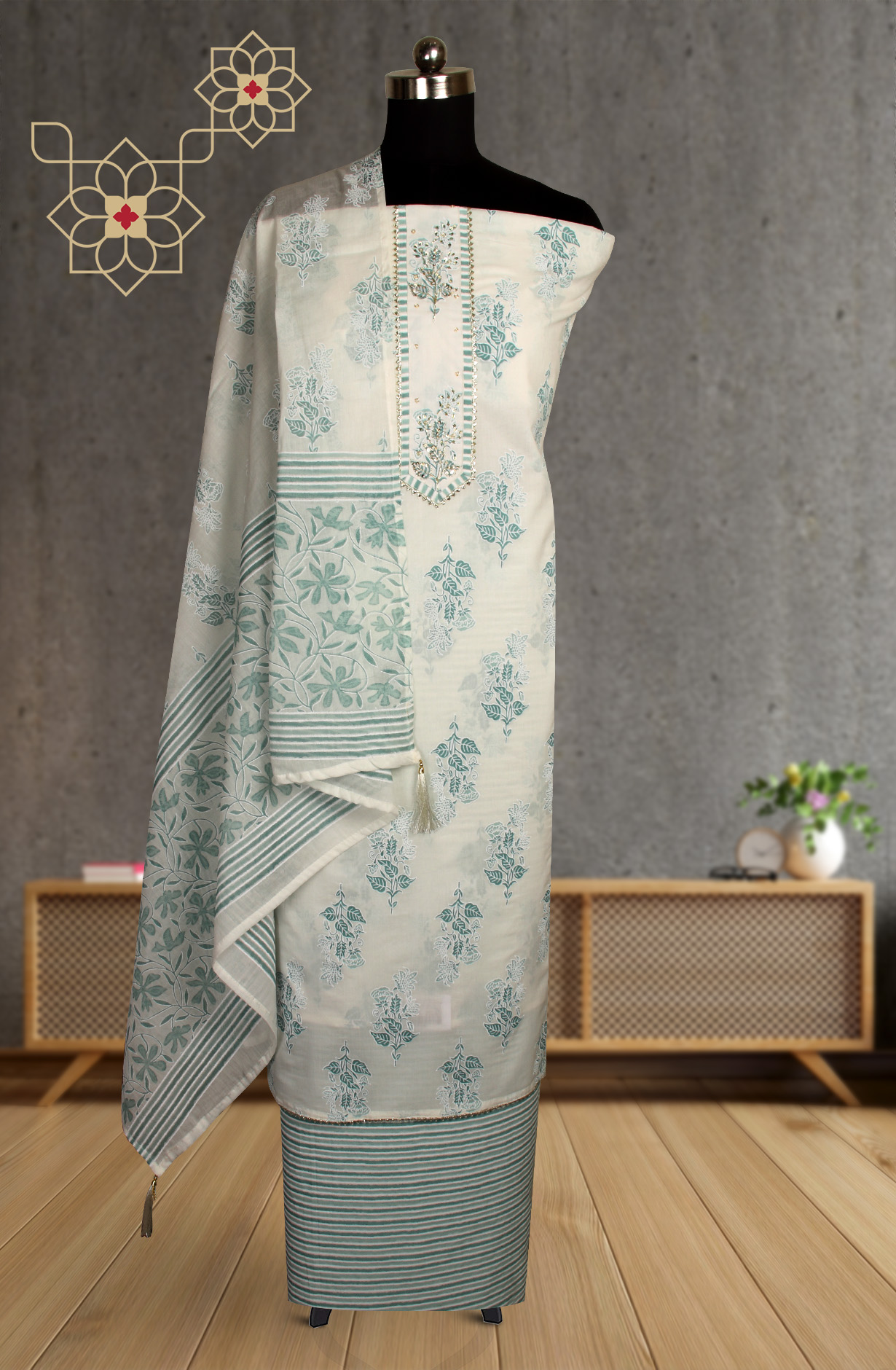 Cream and Green Cotton Printed with Gota Patti Work Suit-sets - 912-MR00703