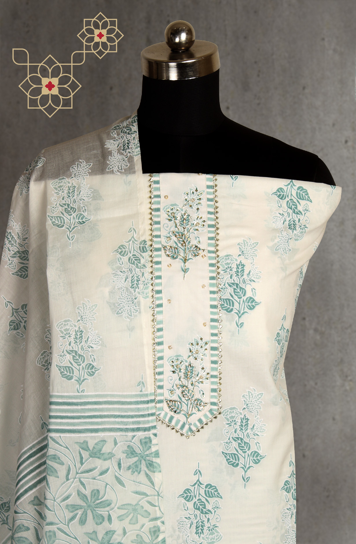 Cream and Green Cotton Printed with Gota Patti Work Suit-sets - 912-MR00703