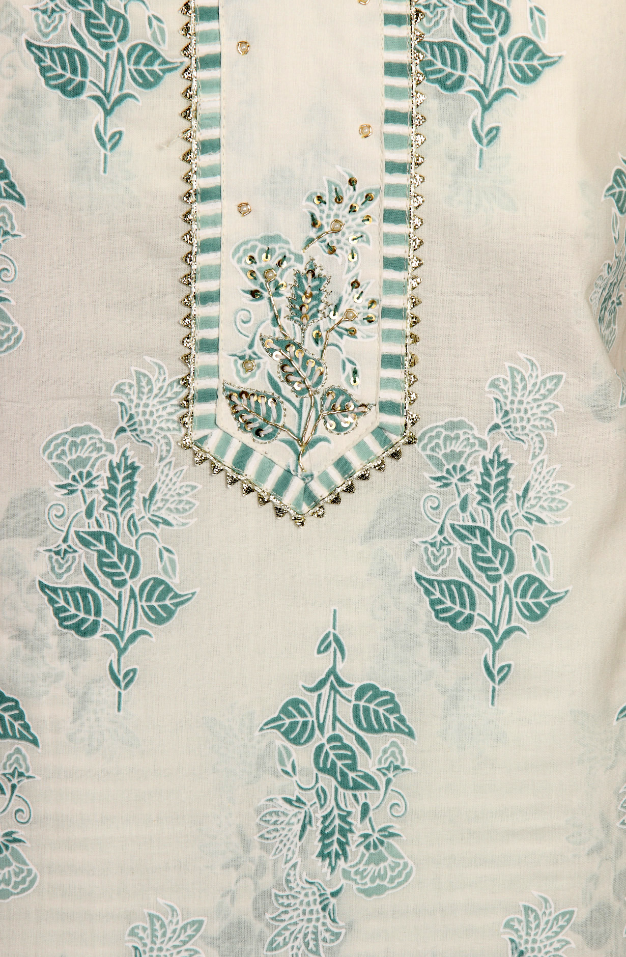 Cream and Green Cotton Printed with Gota Patti Work Suit-sets - 912-MR00703