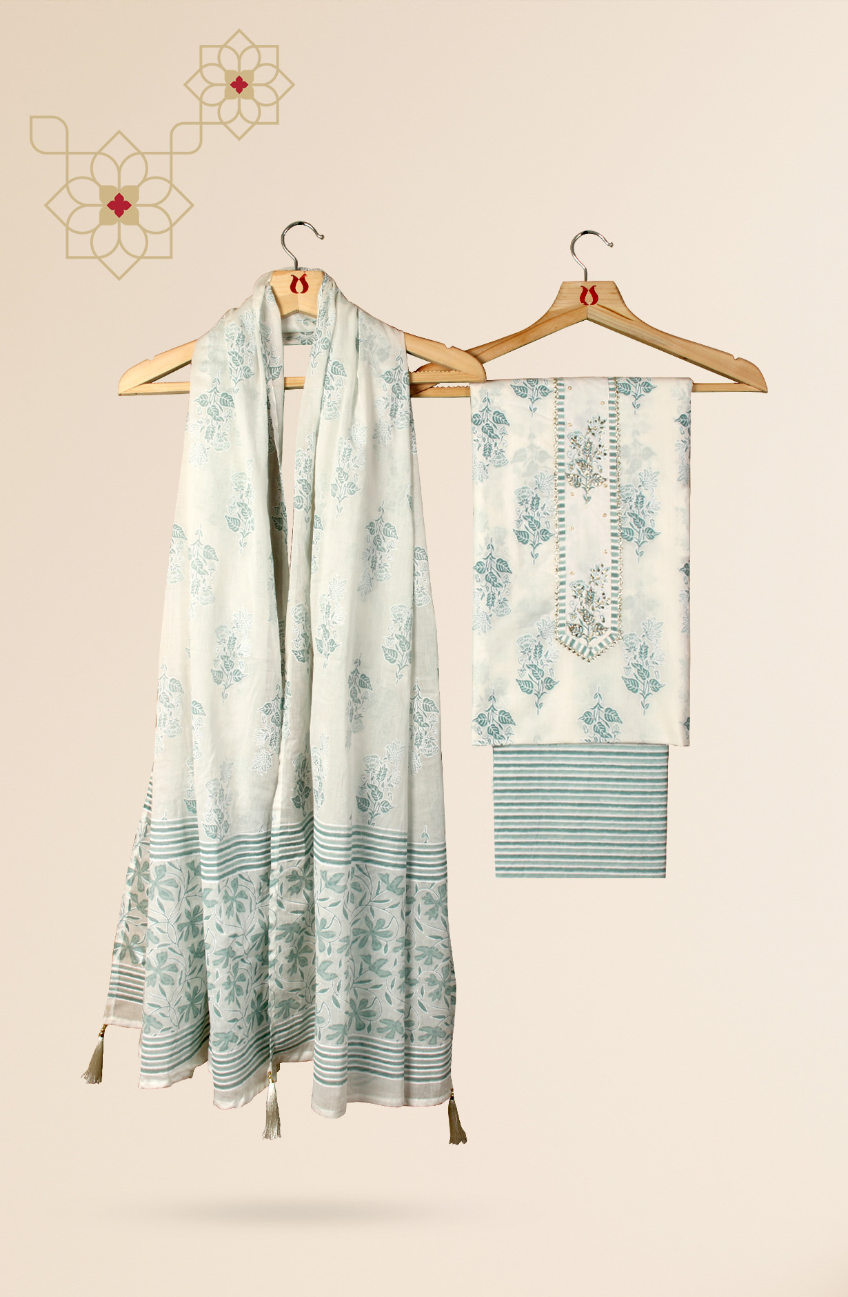 Cream and Green Cotton Printed with Gota Patti Work Suit-sets - 912-MR00703