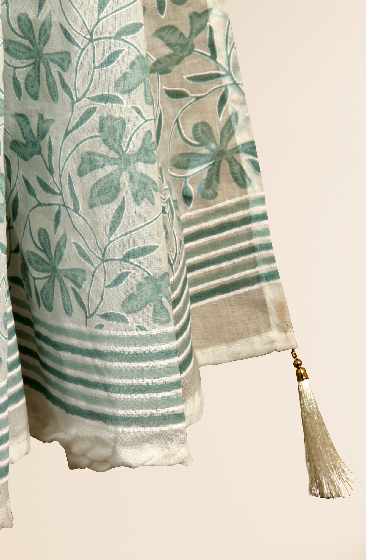 Cream and Green Cotton Printed with Gota Patti Work Suit-sets - 912-MR00703
