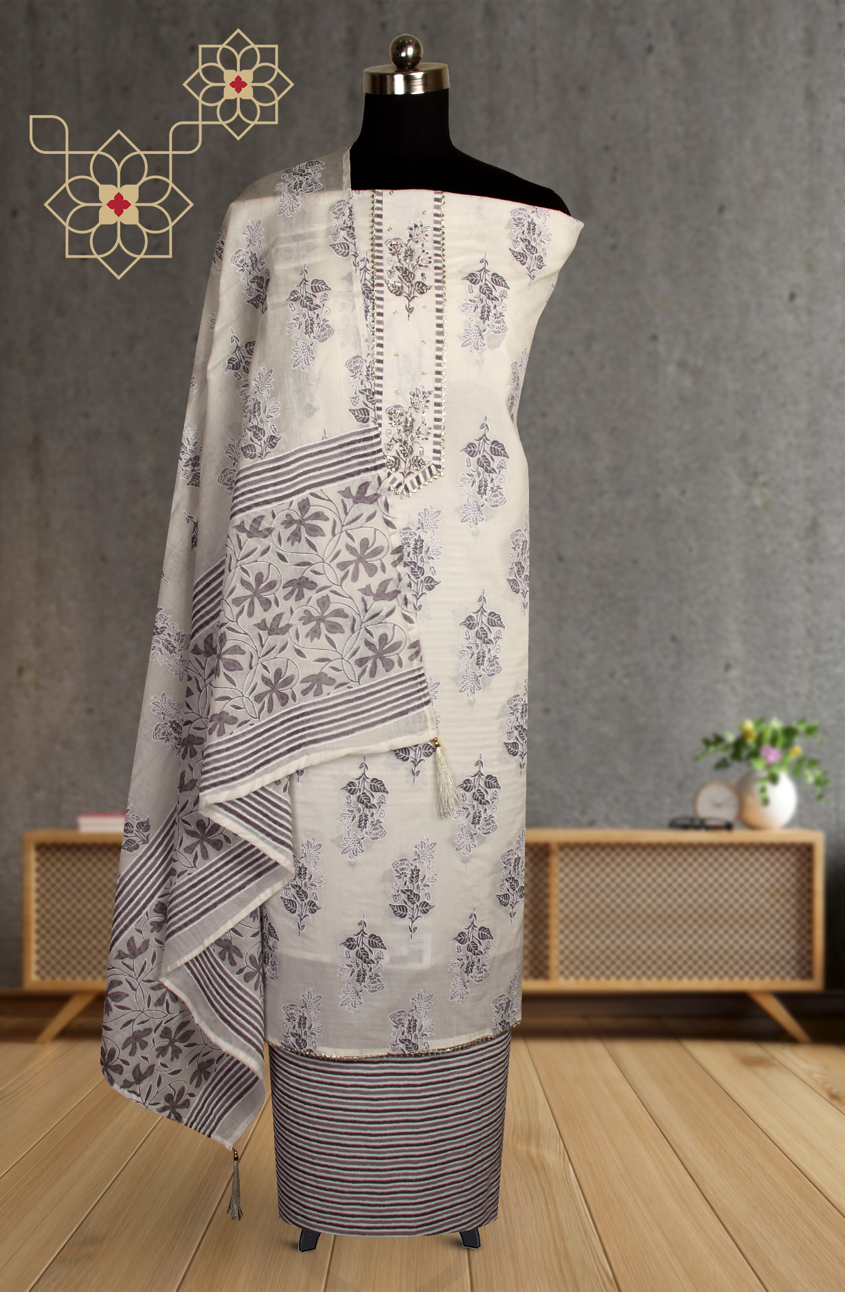 Cream and Mauve Cotton Printed with Gota Patti Work Suit-sets - 912-MR00703A