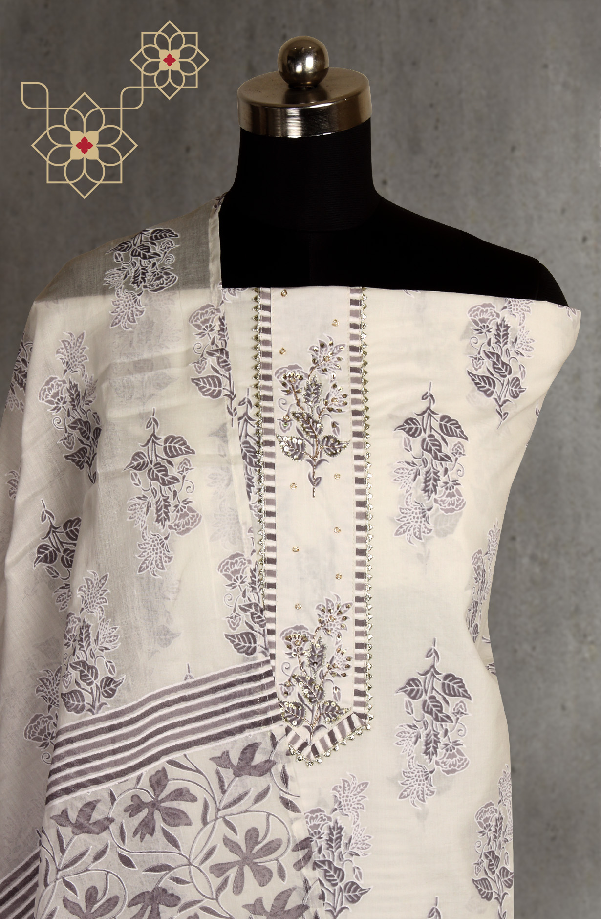 Cream and Mauve Cotton Printed with Gota Patti Work Suit-sets - 912-MR00703A