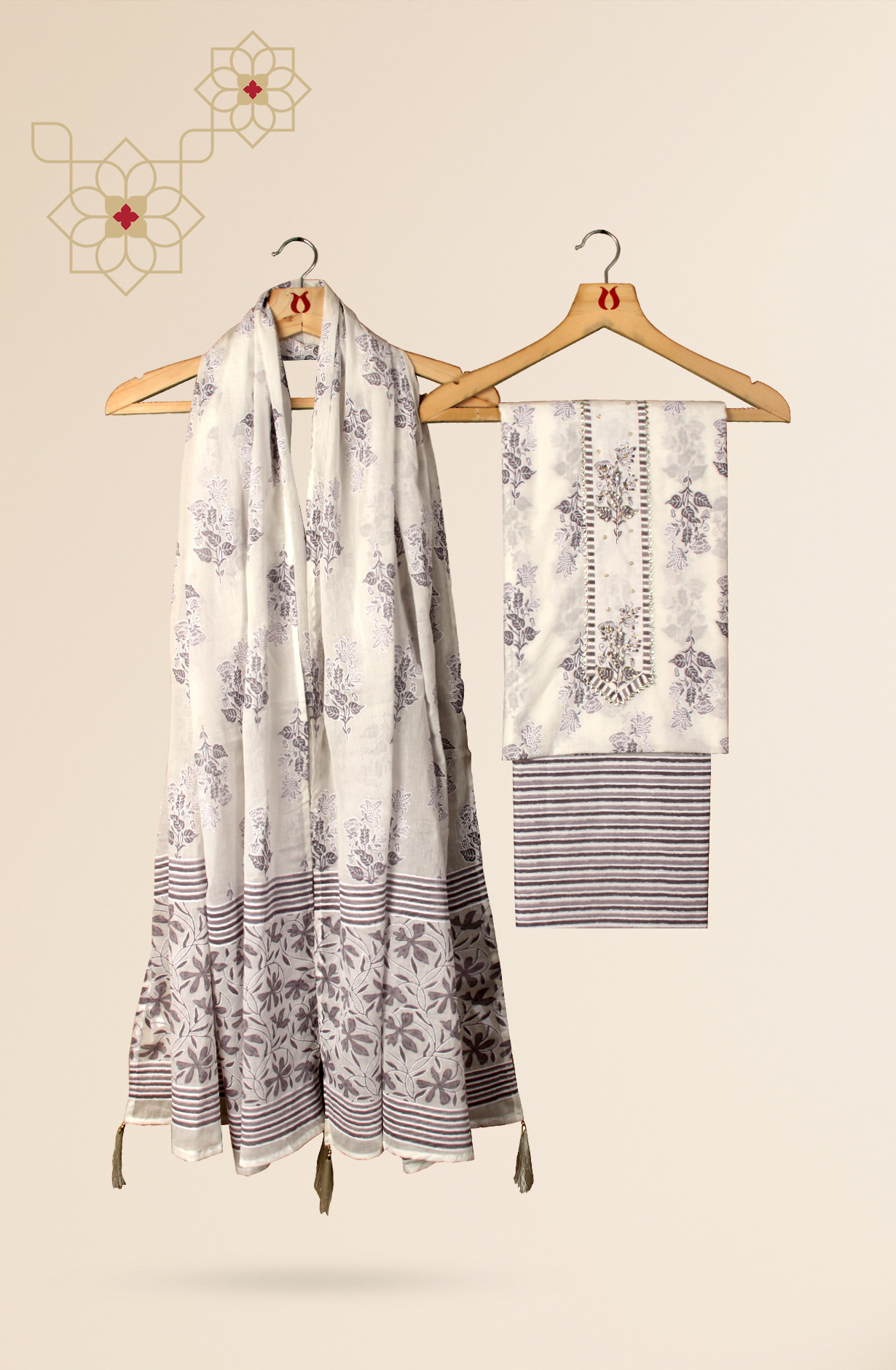 Cream and Mauve Cotton Printed with Gota Patti Work Suit-sets - 912-MR00703A