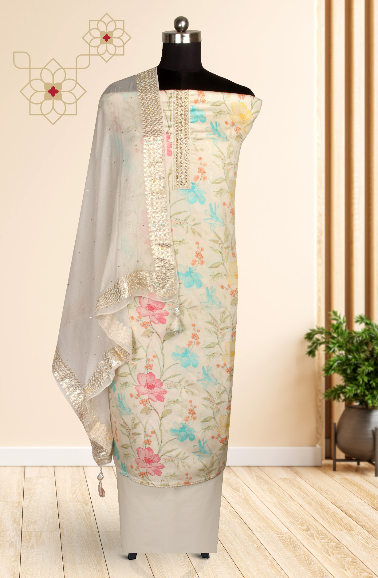 Cream Cotton Printed Salwar Suit with Chiffon Dupatta - 912-NDJ54169A