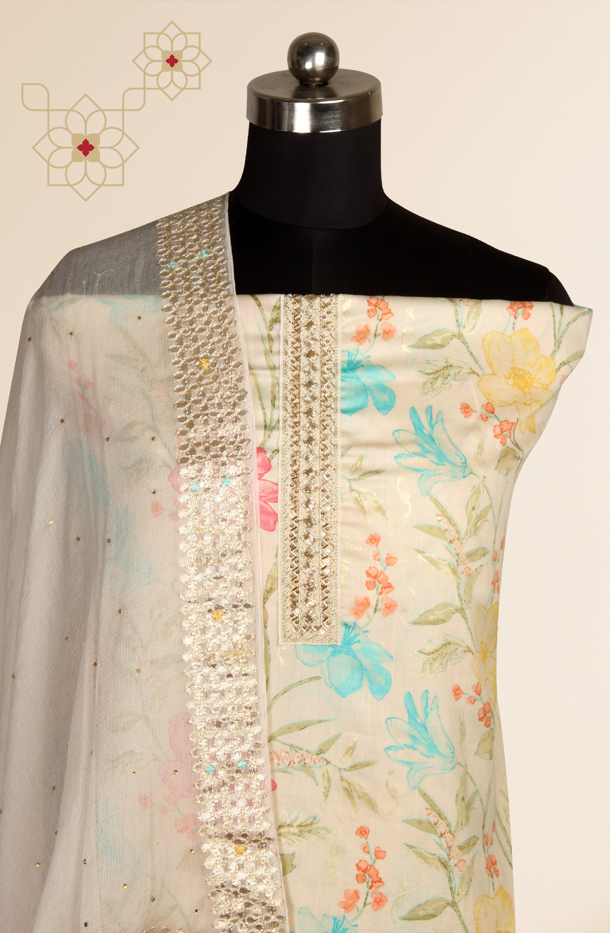 Cream Cotton Printed Salwar Suit with Chiffon Dupatta - 912-NDJ54169A