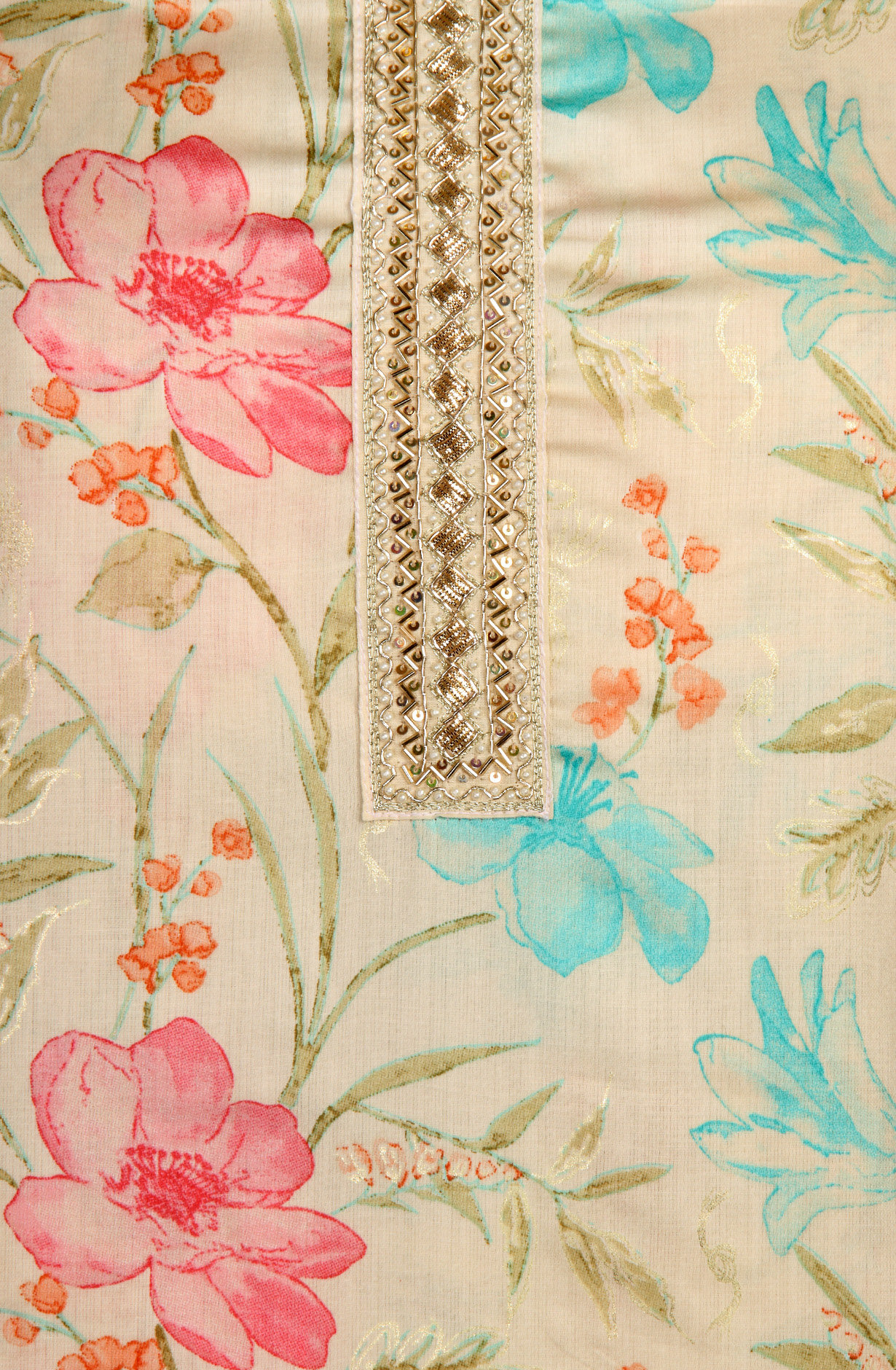 Cream Cotton Printed Salwar Suit with Chiffon Dupatta - 912-NDJ54169A