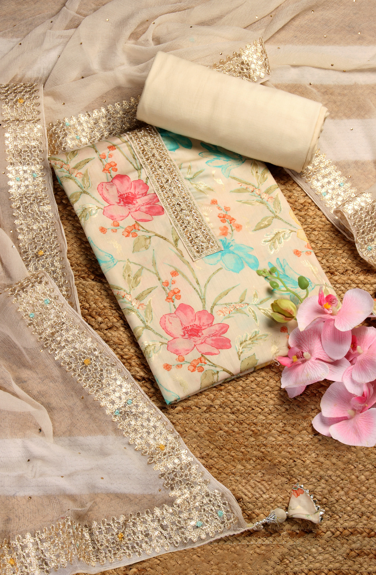 Cream Cotton Printed Salwar Suit with Chiffon Dupatta - 912-NDJ54169A