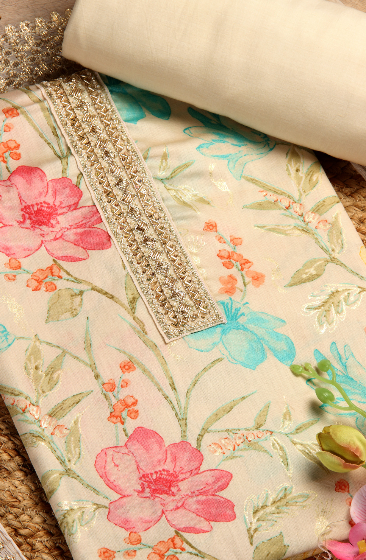 Cream Cotton Printed Salwar Suit with Chiffon Dupatta - 912-NDJ54169A