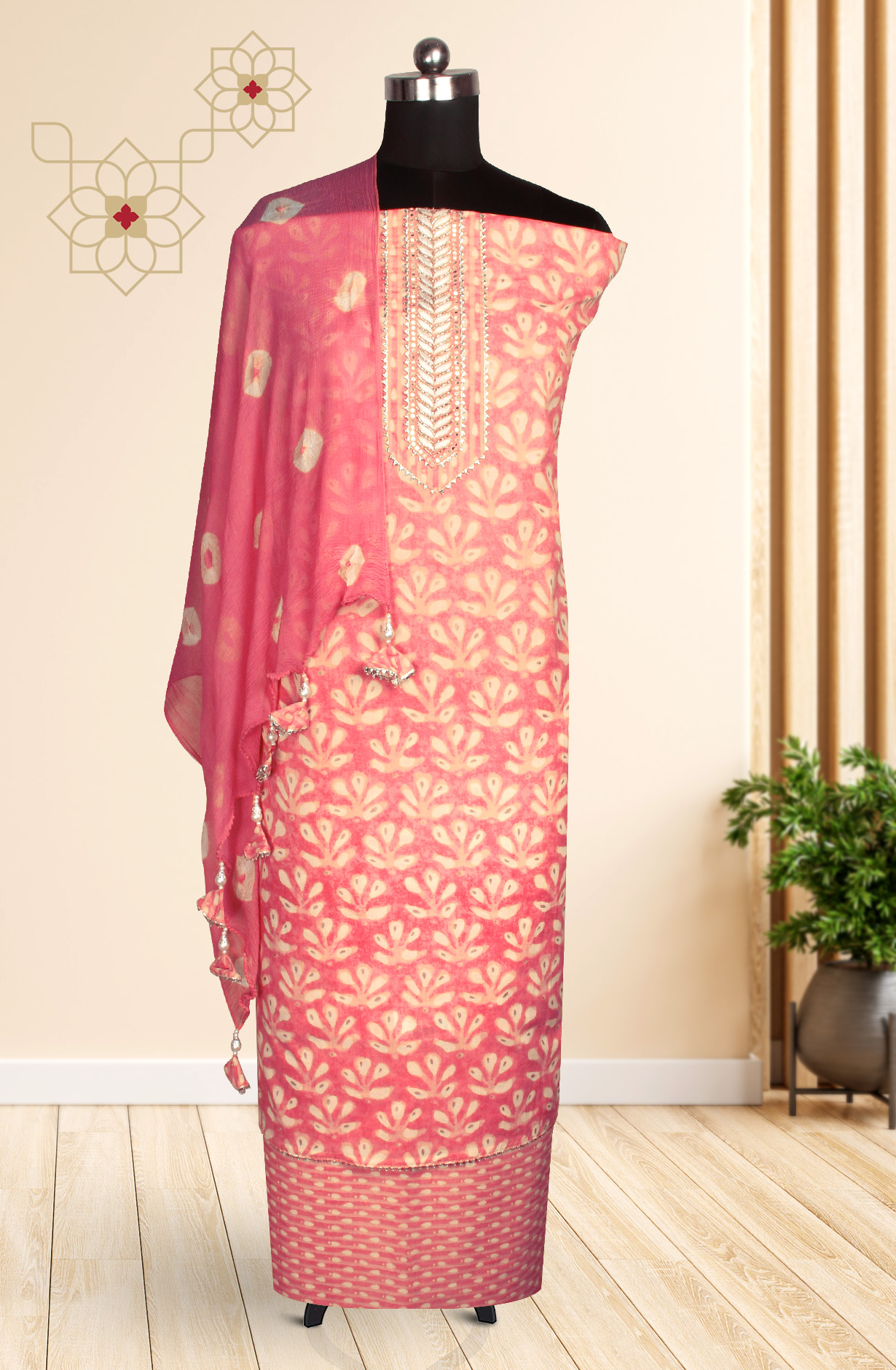 Pink Cotton Printed Salwar Kameez with Chiffon Dupatta - 912-NDJ54179