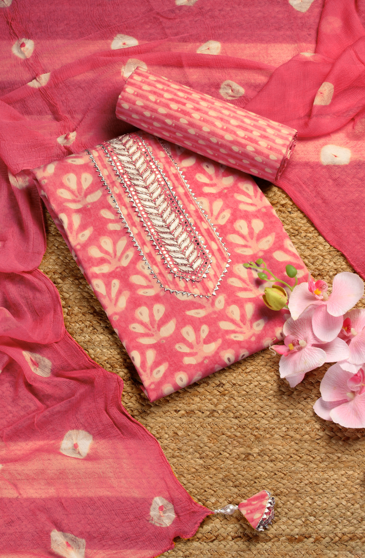 Pink Cotton Printed Salwar Kameez with Chiffon Dupatta - 912-NDJ54179