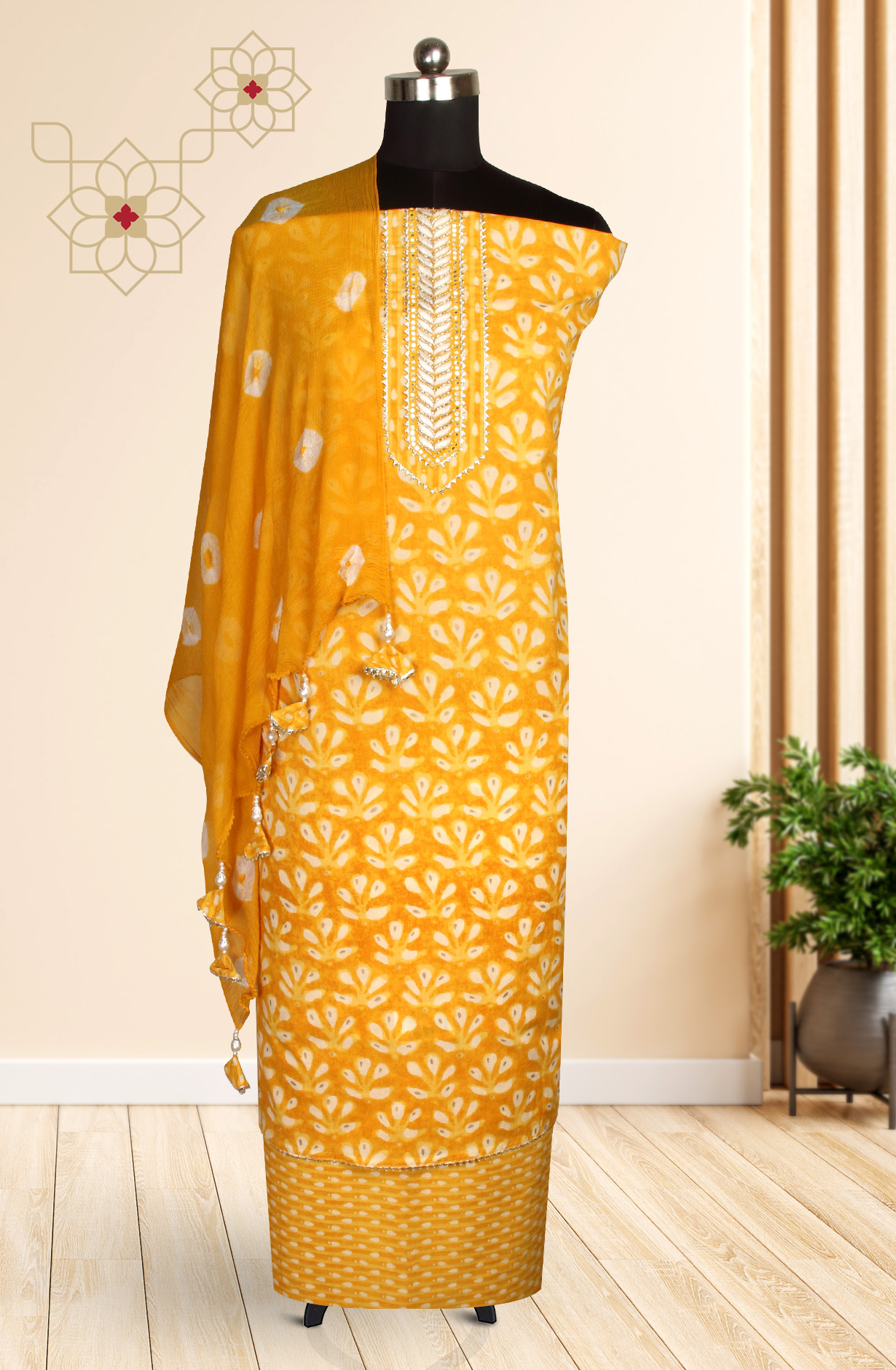 Mustard Cotton Printed Salwar Suit with Chiffon Dupatta - 912-NDJ54179A