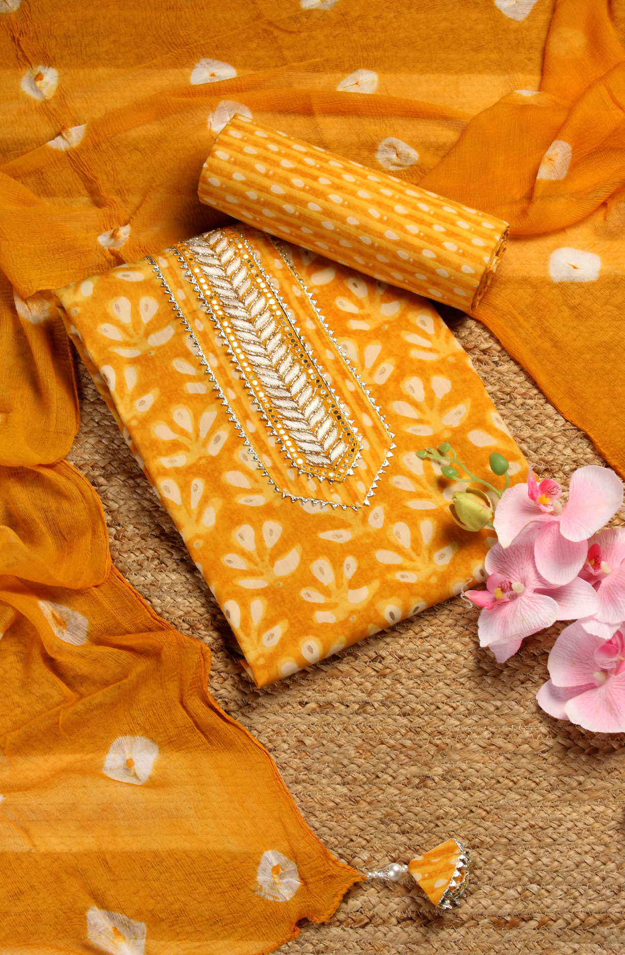 Mustard Cotton Printed Salwar Suit with Chiffon Dupatta - 912-NDJ54179A