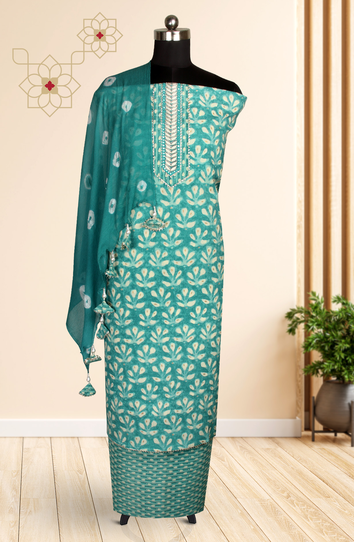 Teal Cotton Printed Salwar Suit with Chiffon Dupatta - 912-NDJ54179B