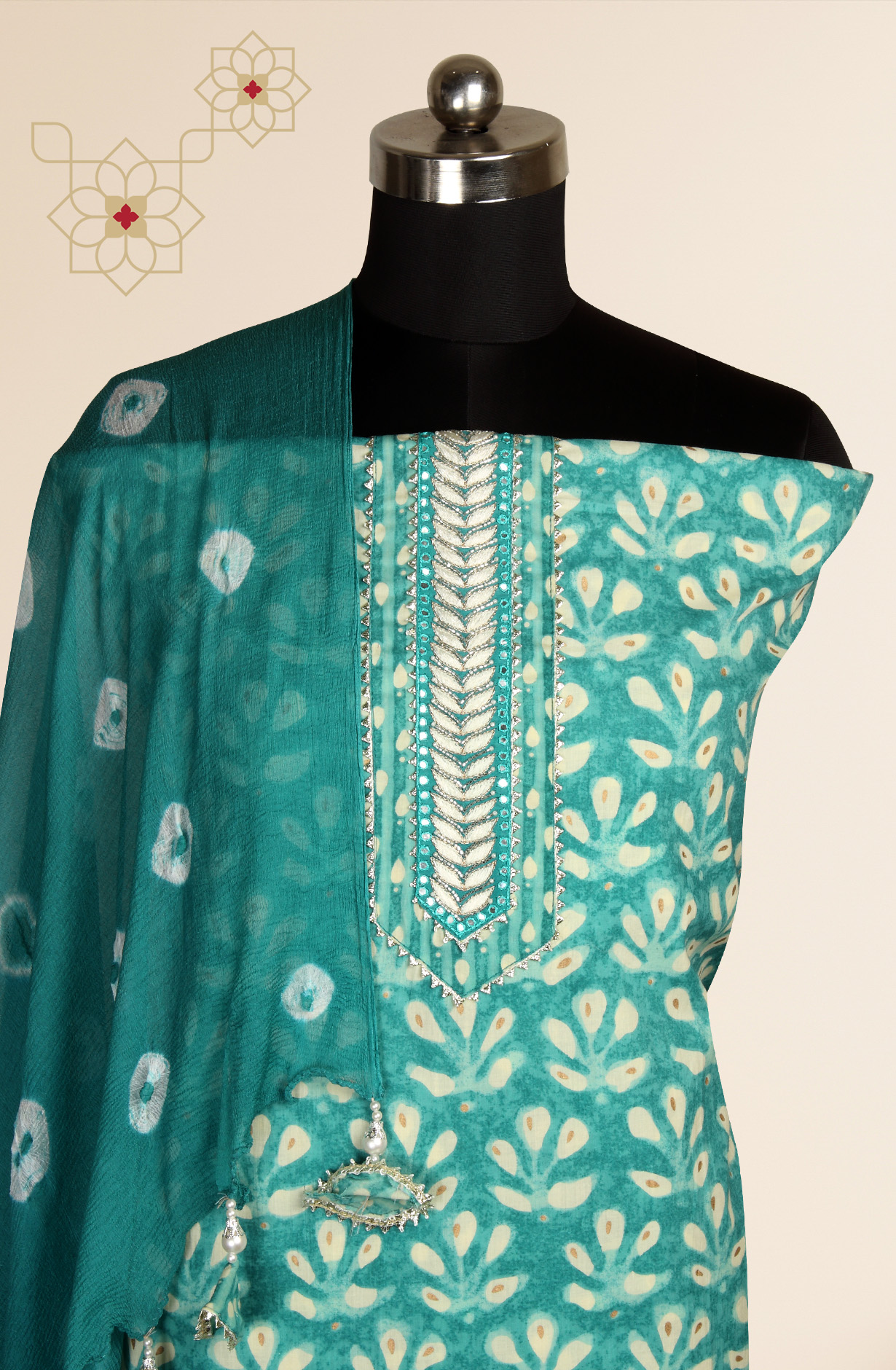 Teal Cotton Printed Salwar Suit with Chiffon Dupatta - 912-NDJ54179B