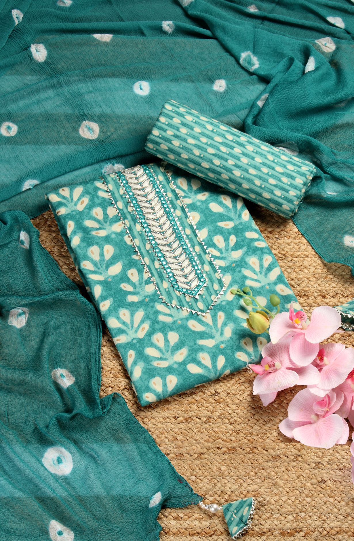 Teal Cotton Printed Salwar Suit with Chiffon Dupatta - 912-NDJ54179B