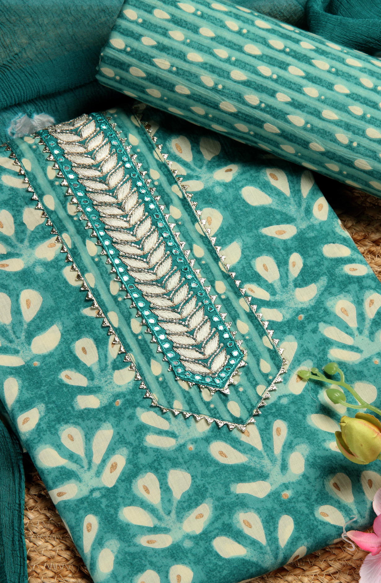 Teal Cotton Printed Salwar Suit with Chiffon Dupatta - 912-NDJ54179B