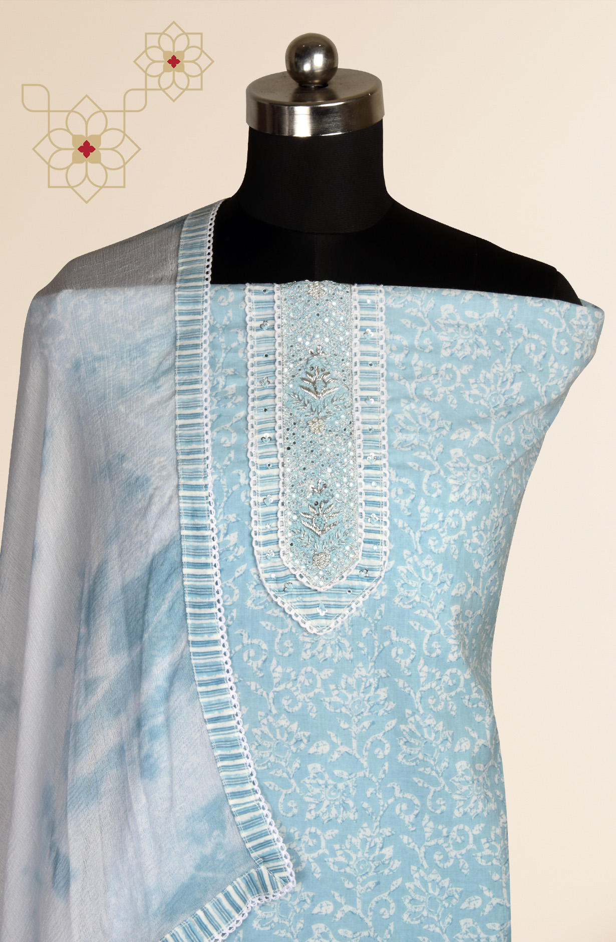 Pastel Blue Cotton Printed Salwar Suit with Chiffon Dupatta - 912-NDJ54187
