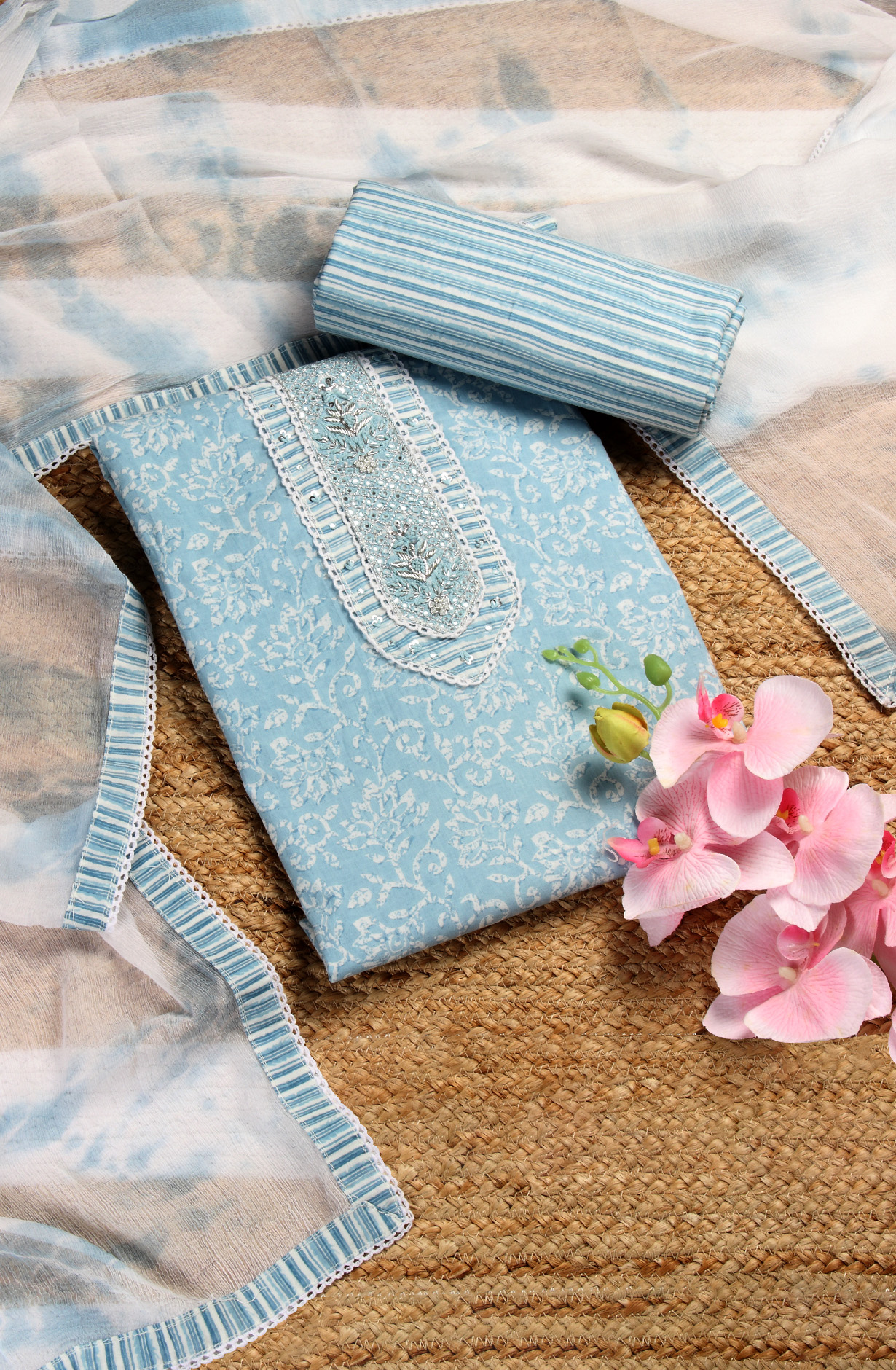 Pastel Blue Cotton Printed Salwar Suit with Chiffon Dupatta - 912-NDJ54187