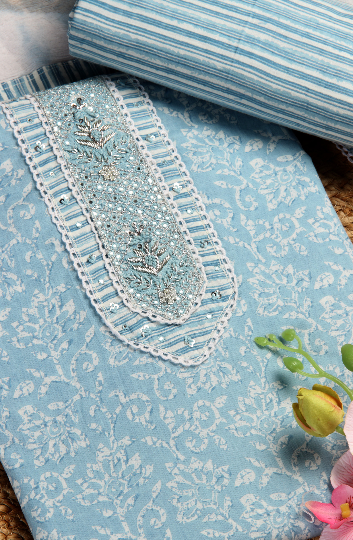 Pastel Blue Cotton Printed Salwar Suit with Chiffon Dupatta - 912-NDJ54187