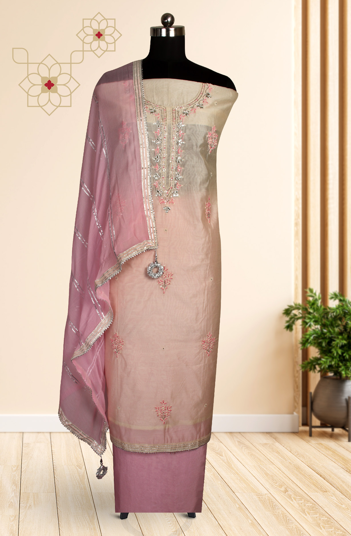 Cream and Baby Pink Designer Chanderi Unstitched Salwar Suit - 912-OTJ05066