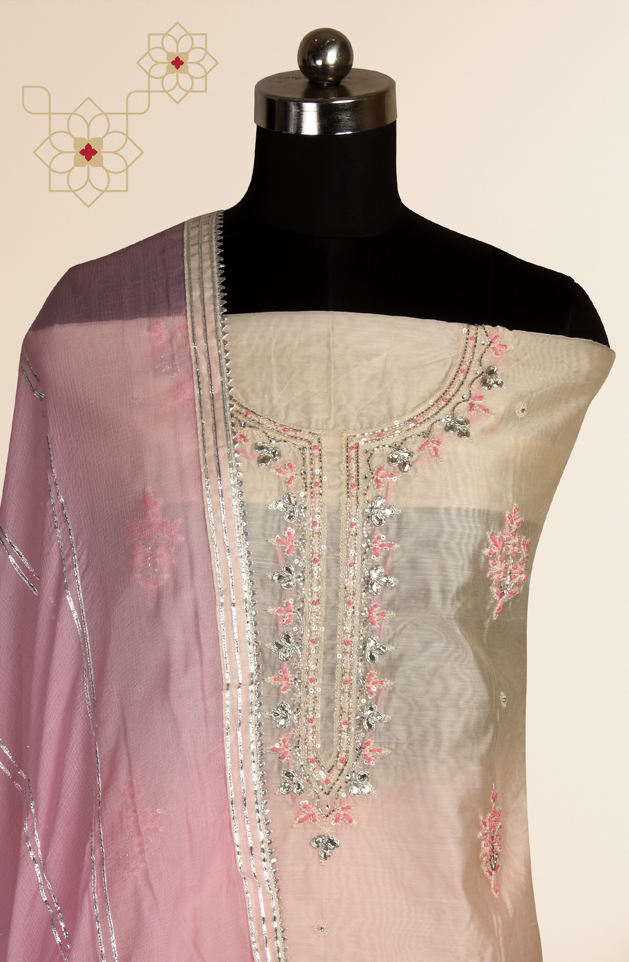 Cream and Baby Pink Designer Chanderi Unstitched Salwar Suit - 912-OTJ05066