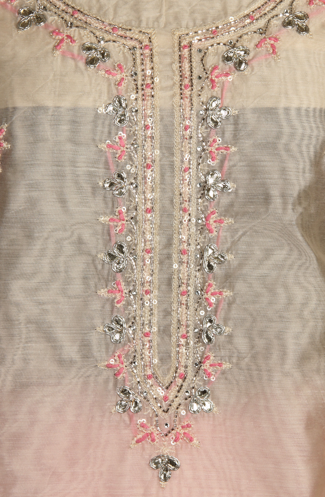 Cream and Baby Pink Designer Chanderi Unstitched Salwar Suit - 912-OTJ05066
