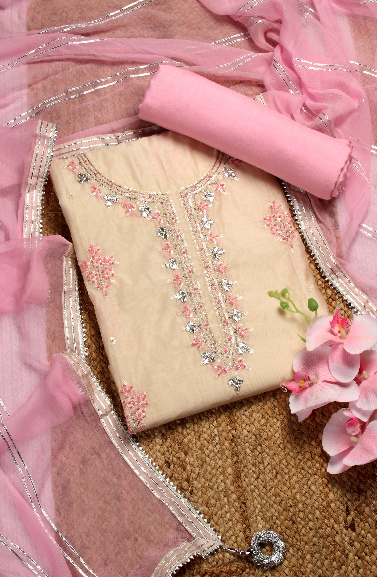 Cream and Baby Pink Designer Chanderi Unstitched Salwar Suit - 912-OTJ05066