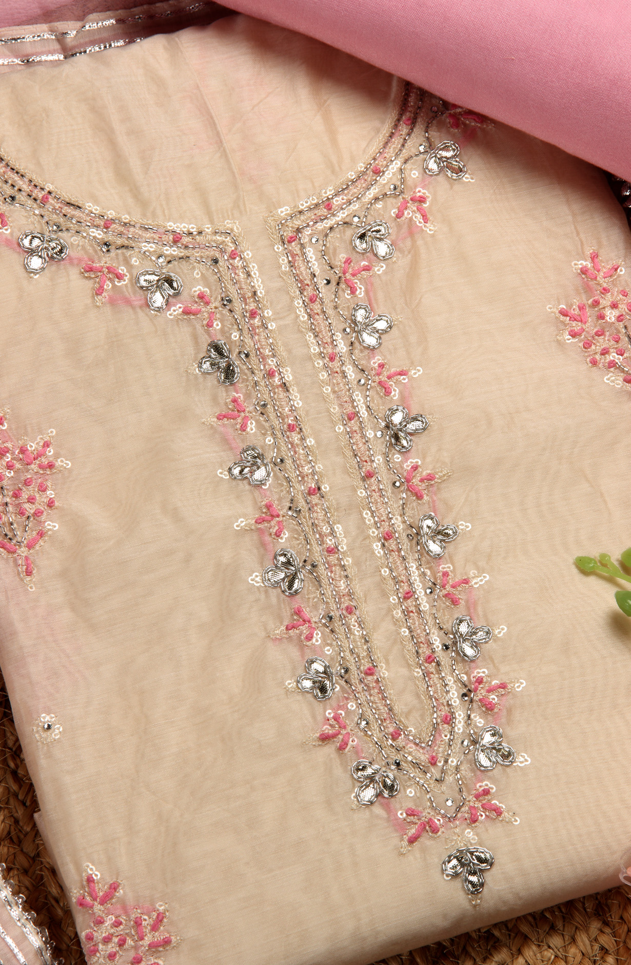 Cream and Baby Pink Designer Chanderi Unstitched Salwar Suit - 912-OTJ05066