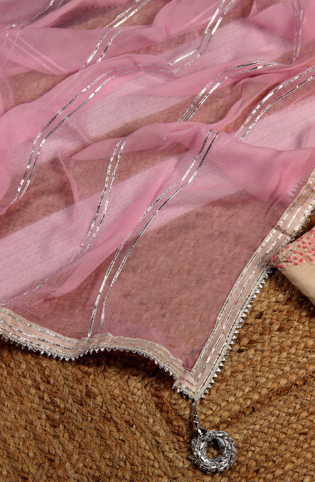 Cream and Baby Pink Designer Chanderi Unstitched Salwar Suit - 912-OTJ05066