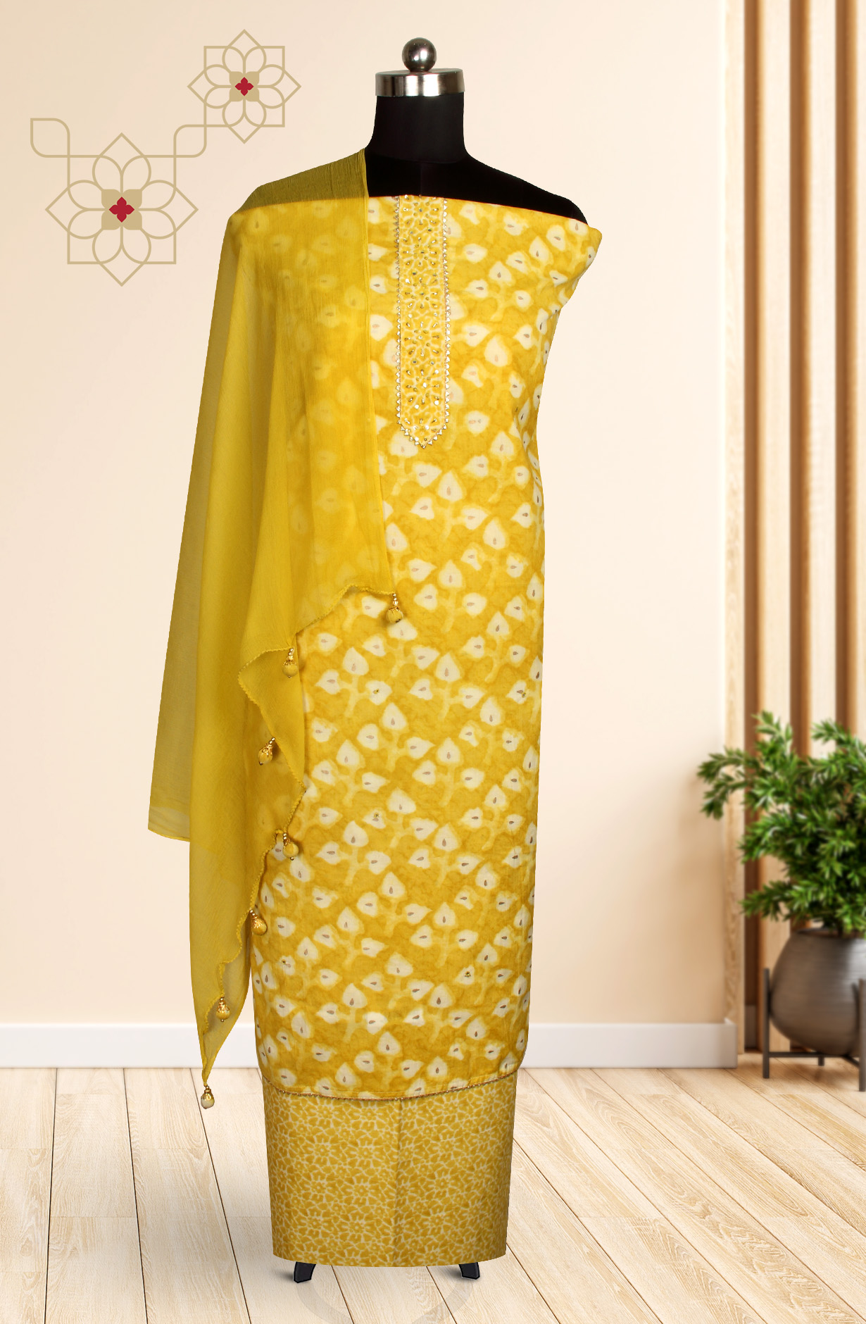 Mehndi Cotton Printed Salwar Suit with Chiffon Dupatta - 912-PD09551A