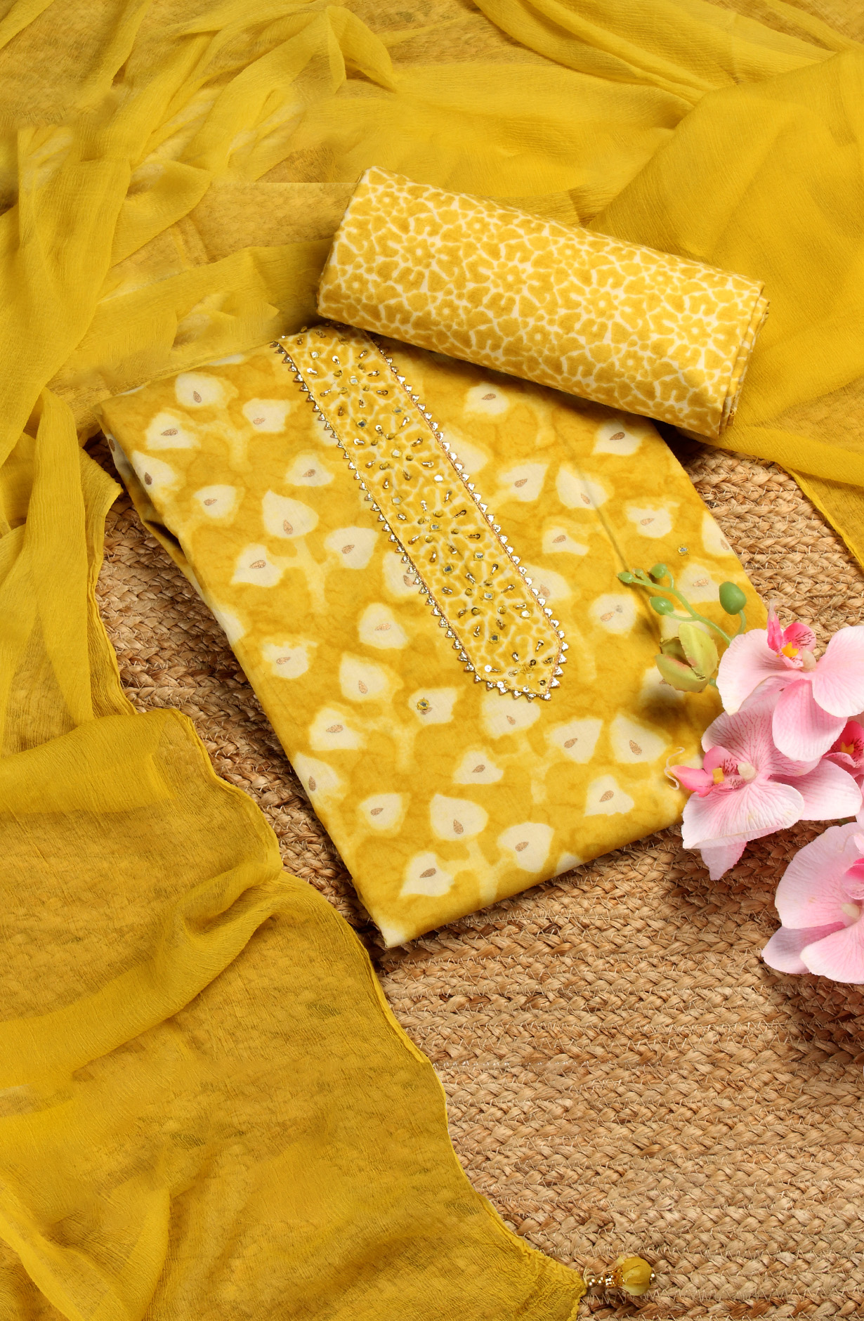 Mehndi Cotton Printed Salwar Suit with Chiffon Dupatta - 912-PD09551A