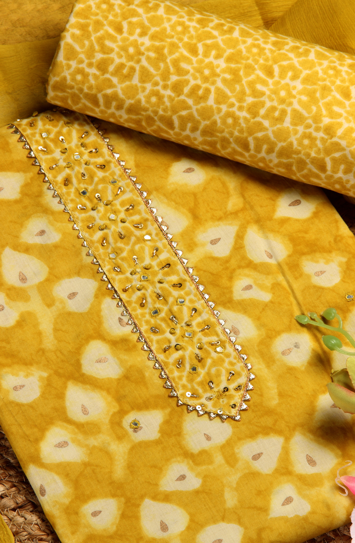 Mehndi Cotton Printed Salwar Suit with Chiffon Dupatta - 912-PD09551A