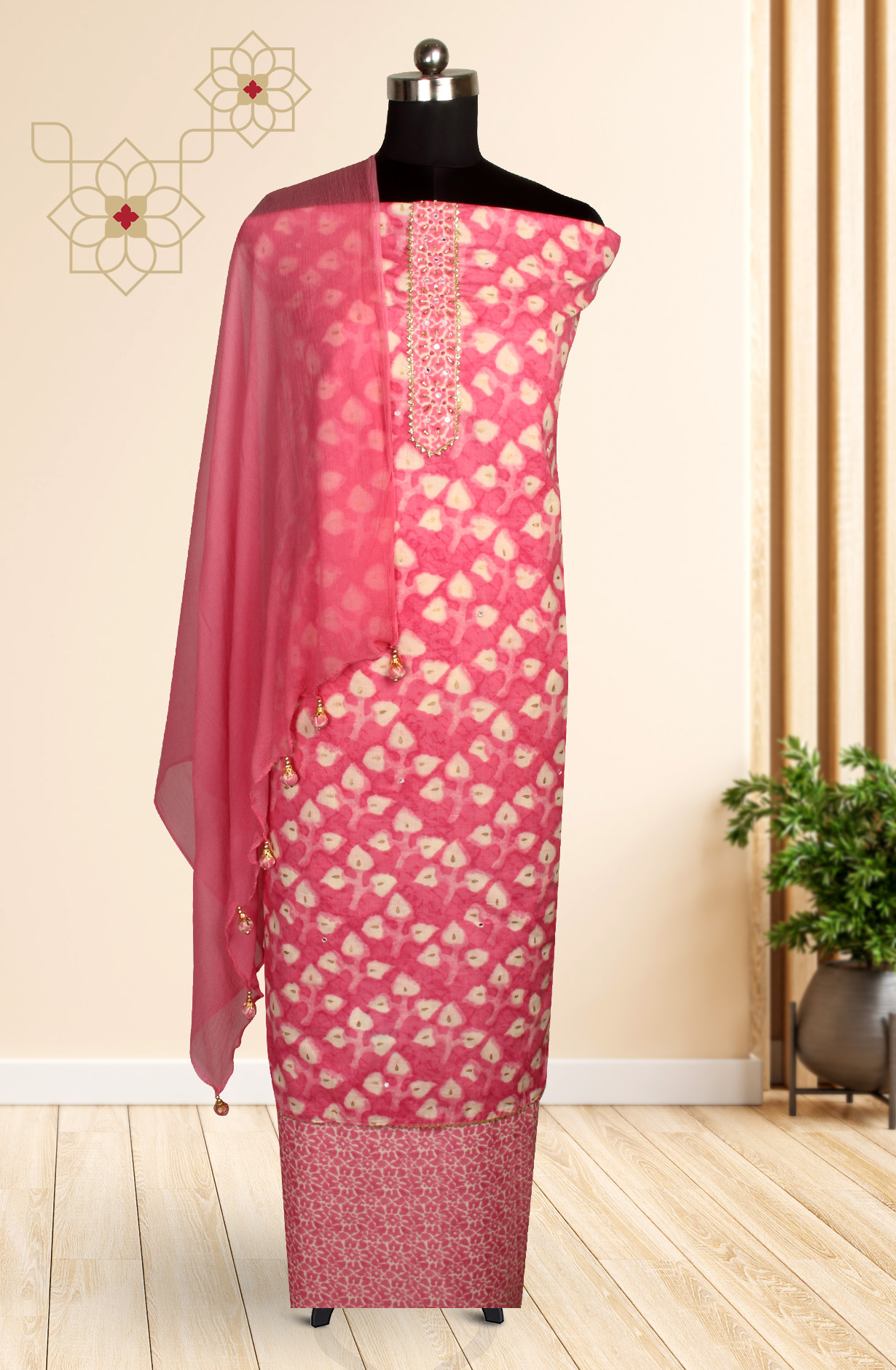 Pink Cotton Printed Salwar Suit with Chiffon Dupatta - 912-PD09551B