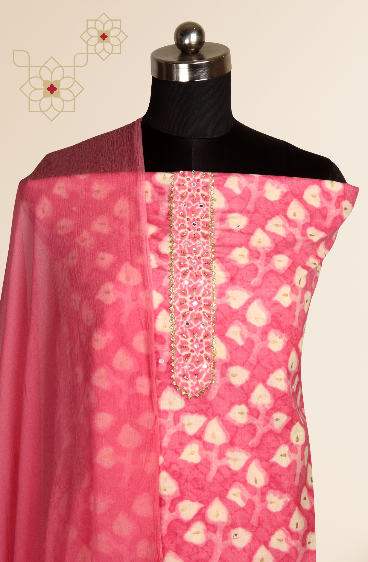 Pink Cotton Printed Salwar Suit with Chiffon Dupatta - 912-PD09551B