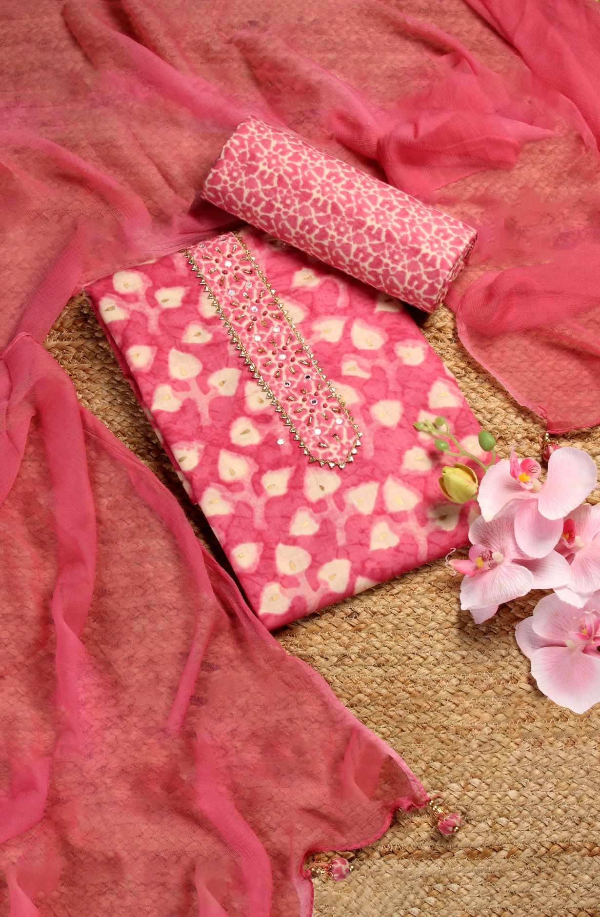 Pink Cotton Printed Salwar Suit with Chiffon Dupatta - 912-PD09551B