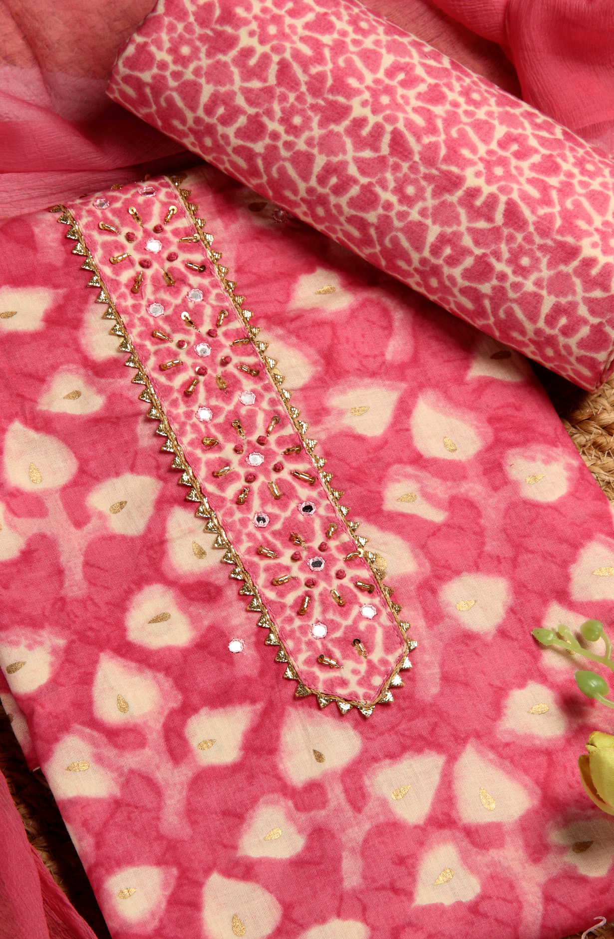 Pink Cotton Printed Salwar Suit with Chiffon Dupatta - 912-PD09551B