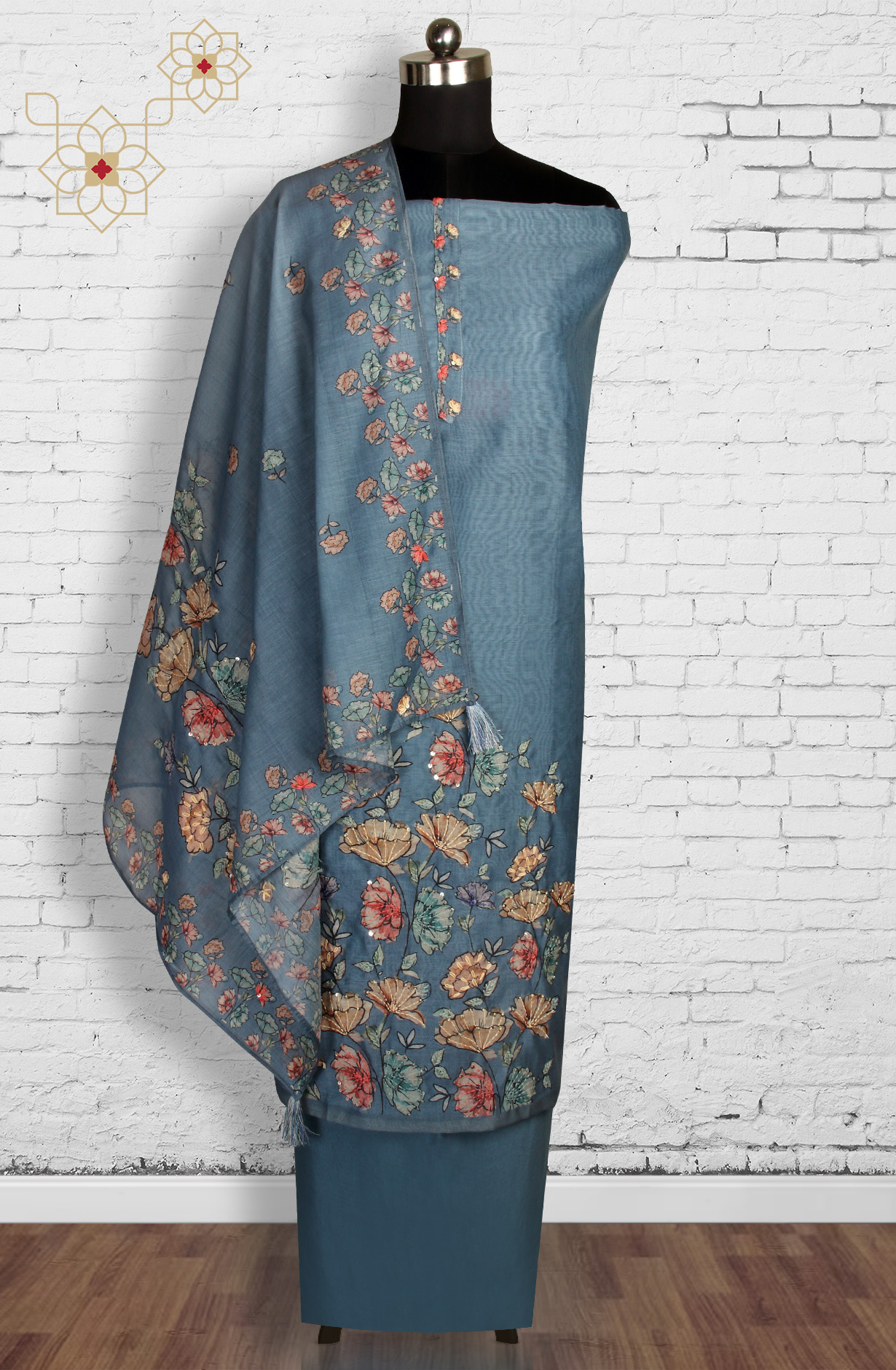 Teal Chanderi Kantha Work Salwar Suit - 912-RCK38060-1B