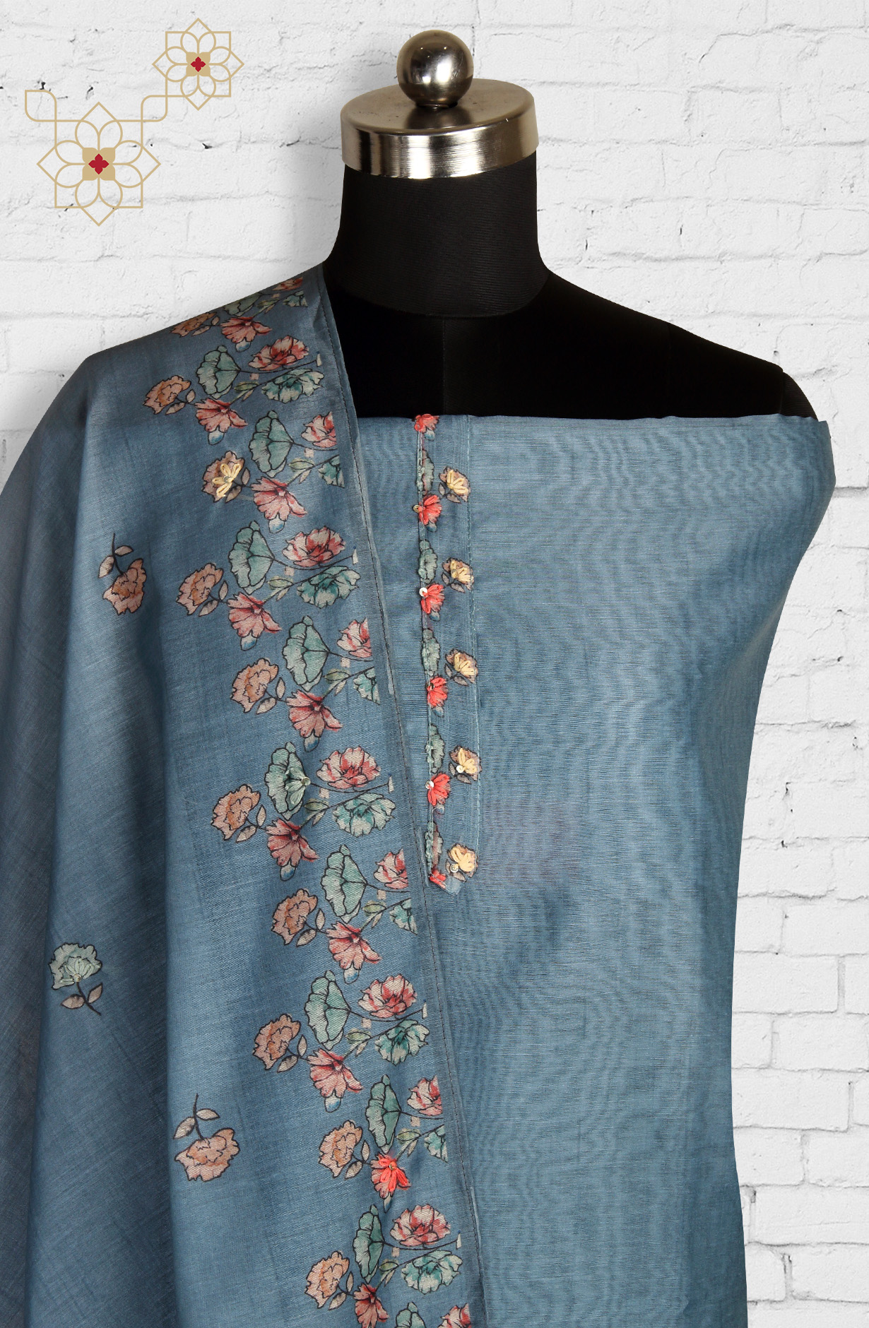 Teal Chanderi Kantha Work Salwar Suit - 912-RCK38060-1B