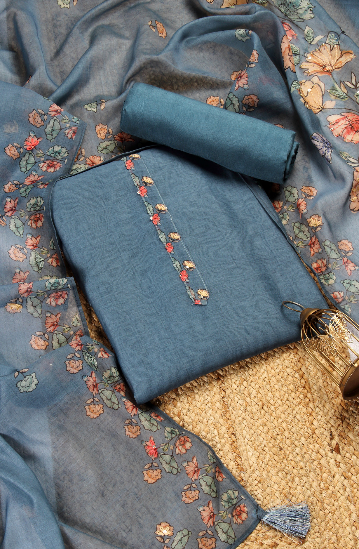 Teal Chanderi Kantha Work Salwar Suit - 912-RCK38060-1B