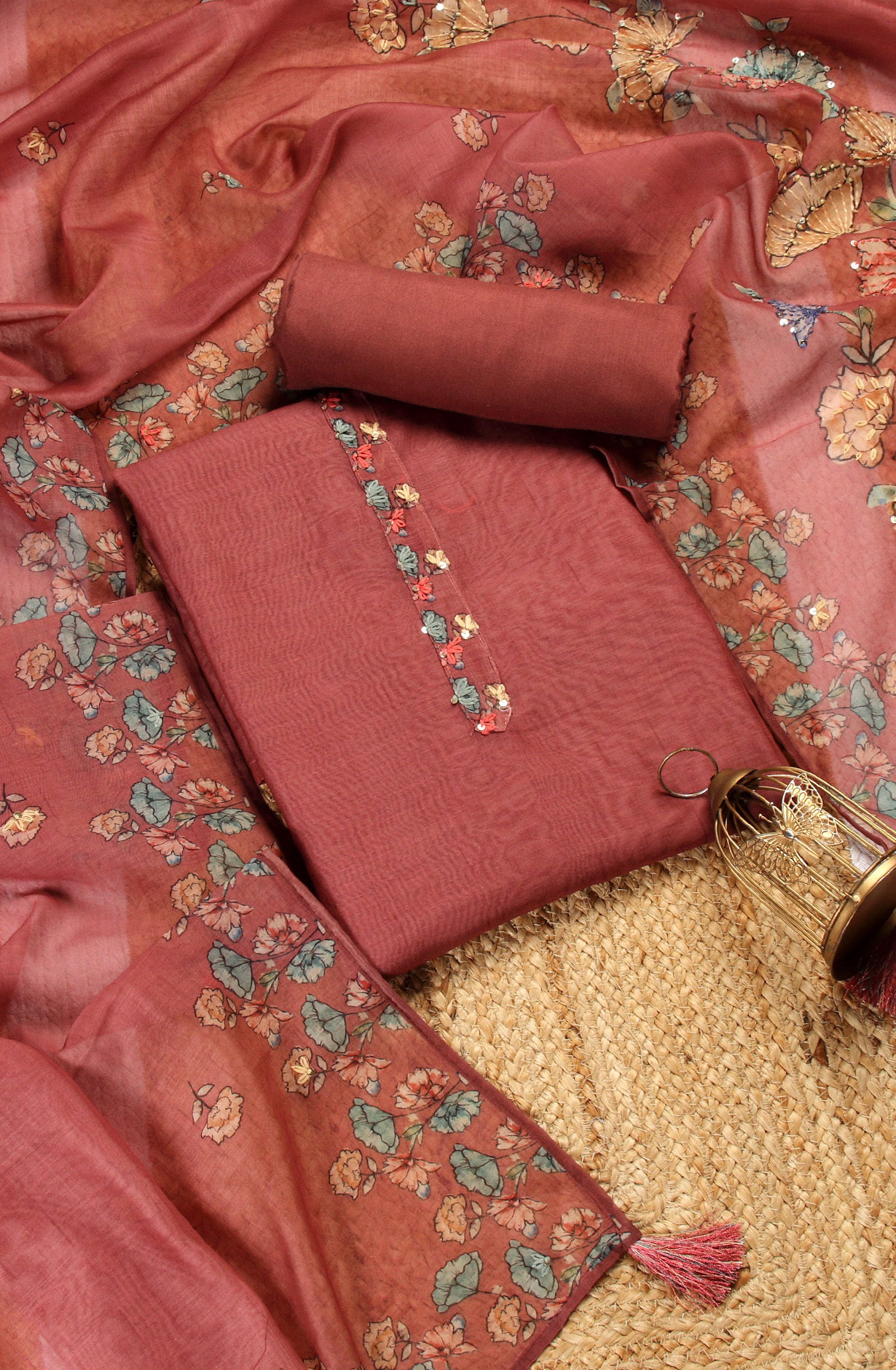 Maroon Chanderi Kantha Work Salwar Suit - 912-RCK38060-1C