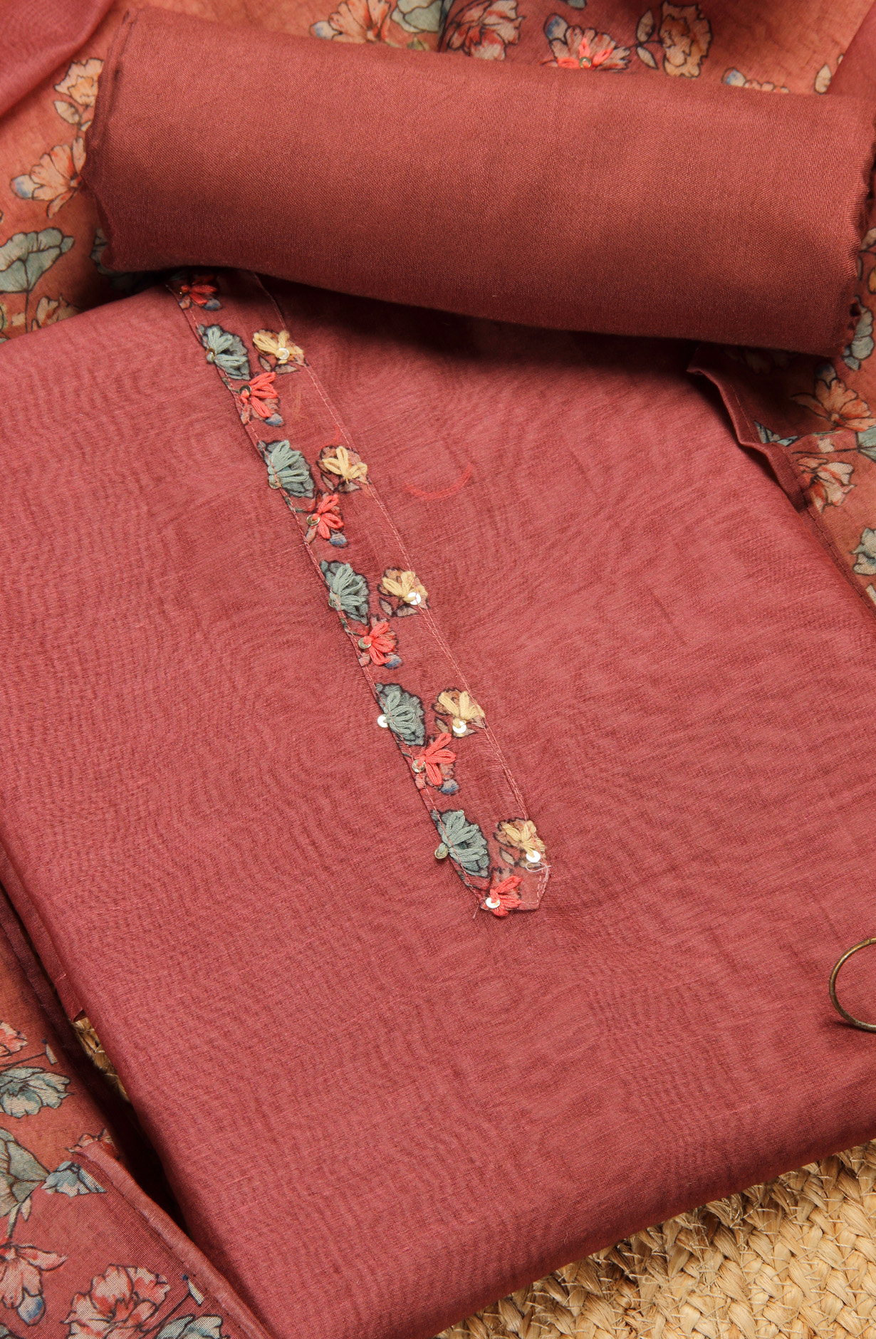 Maroon Chanderi Kantha Work Salwar Suit - 912-RCK38060-1C