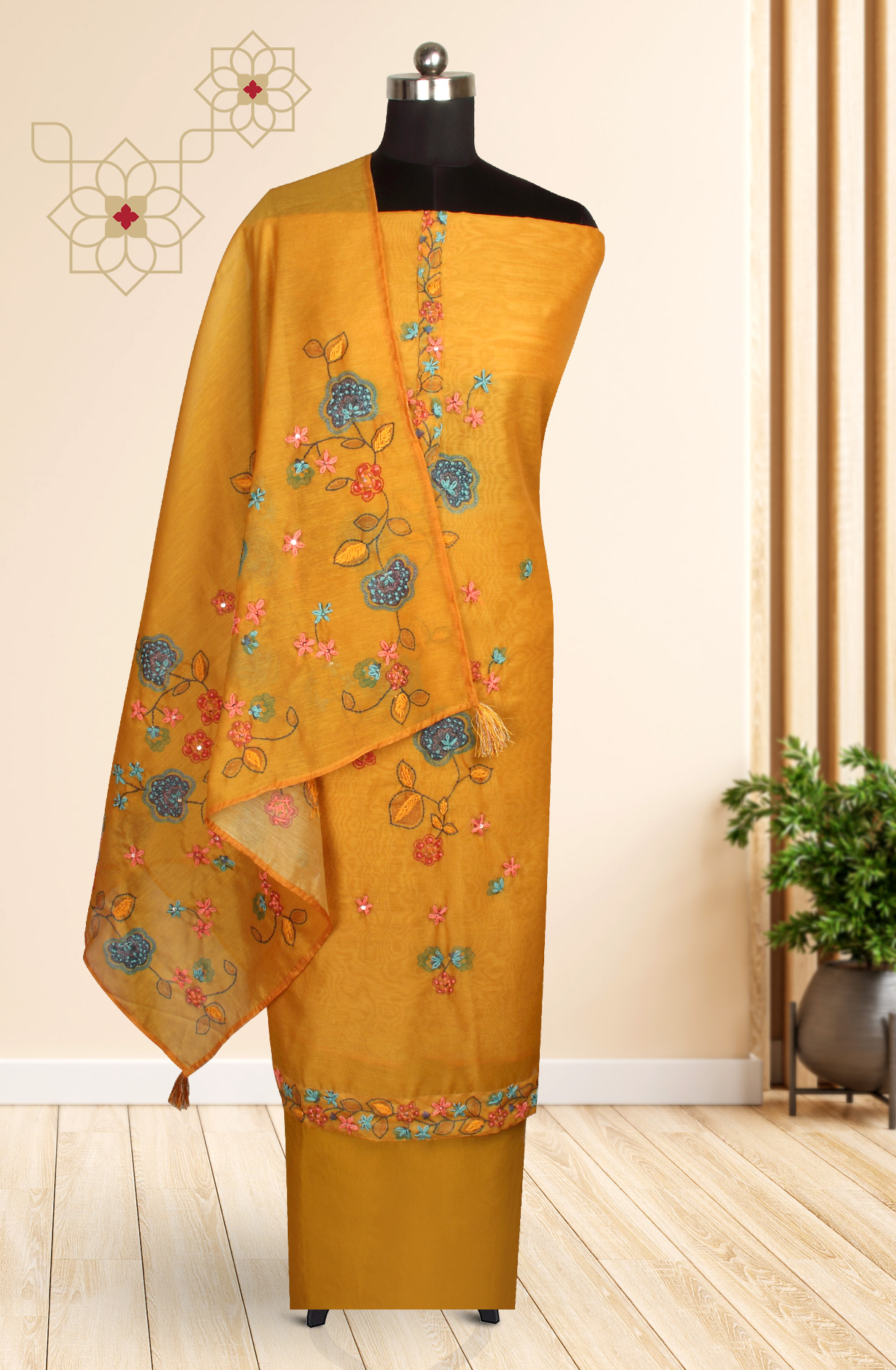 Mustard Chanderi Beautiful Kantha Work Salwar Suit with Dupatta - 912-RCK38060