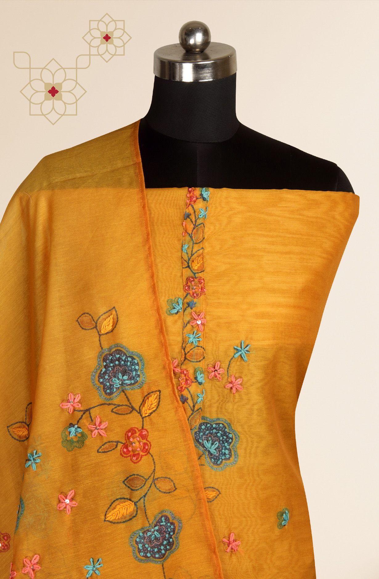 Mustard Chanderi Beautiful Kantha Work Salwar Suit with Dupatta - 912-RCK38060