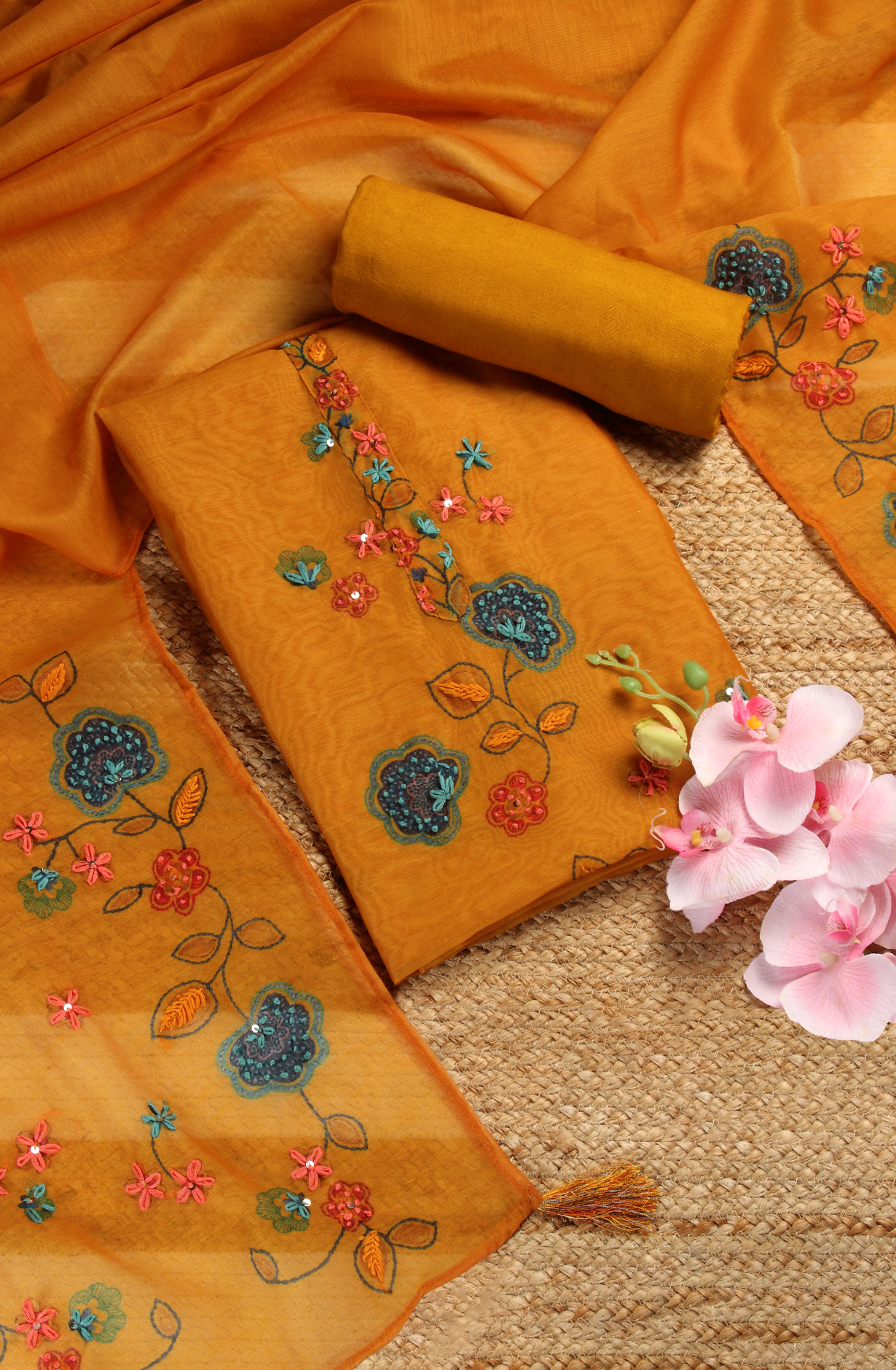 Mustard Chanderi Beautiful Kantha Work Salwar Suit with Dupatta - 912-RCK38060