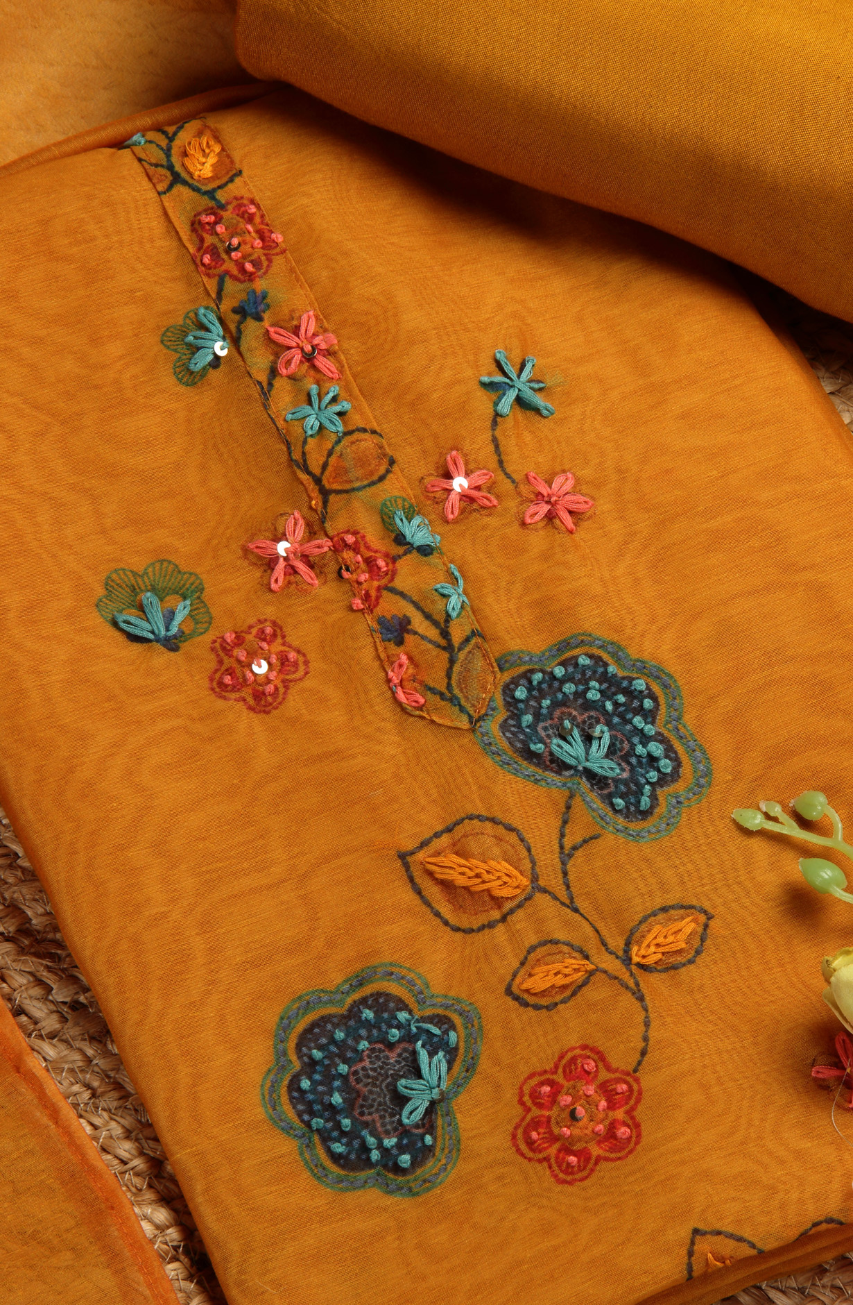 Mustard Chanderi Beautiful Kantha Work Salwar Suit with  Dupatta - 912-RCK38060