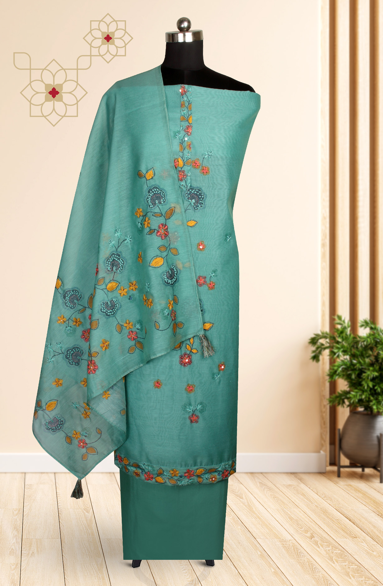 Green Chanderi Beautiful Kantha Work Salwar Suit with Dupatta - 912-RCK38060B